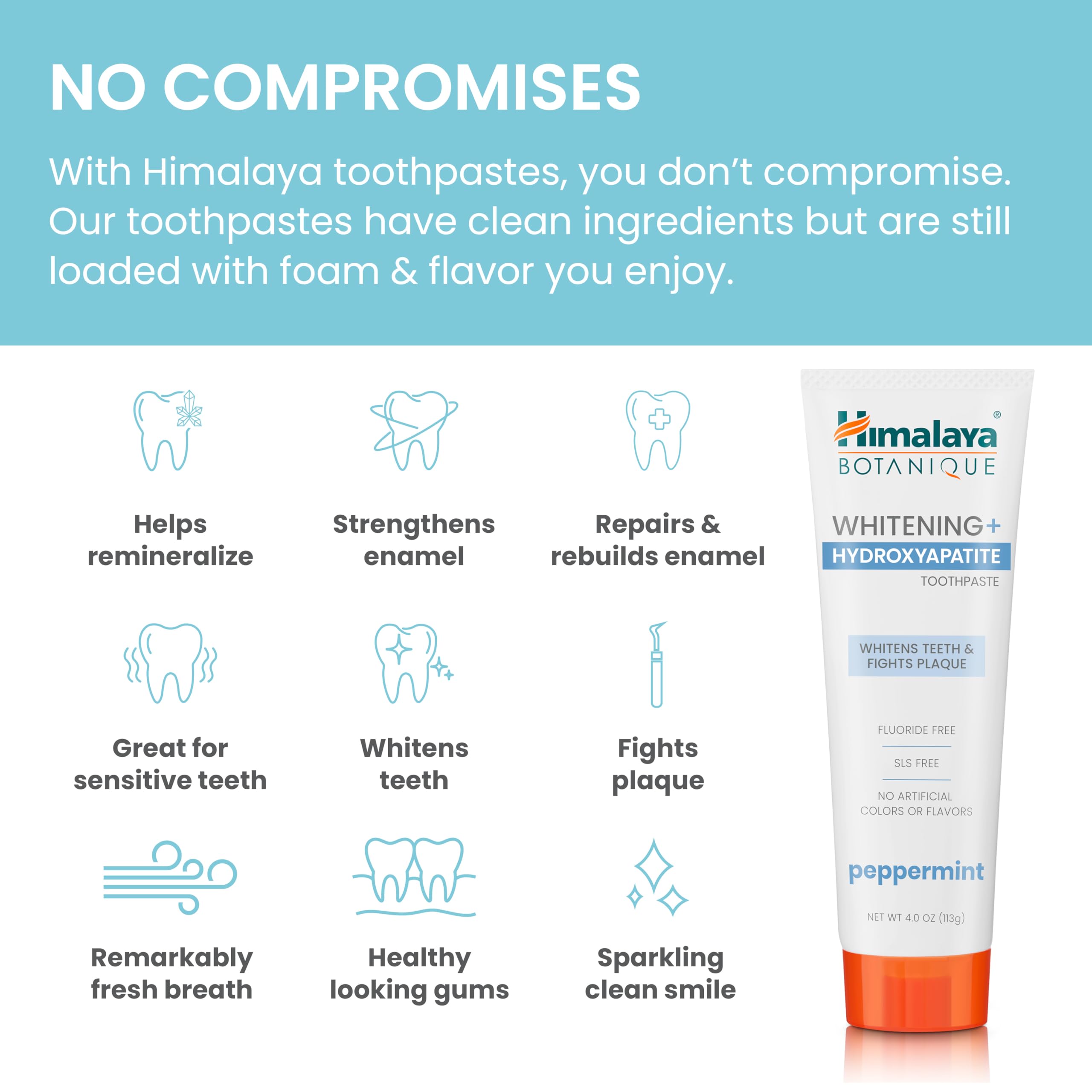 Himalaya Botanique Whitening + Hydroxyapatite Toothpaste – Peppermint, Nano Hydroxyapatite for Remineralization & Enamel Support | Gluten Free, 4 oz, 2-Pack