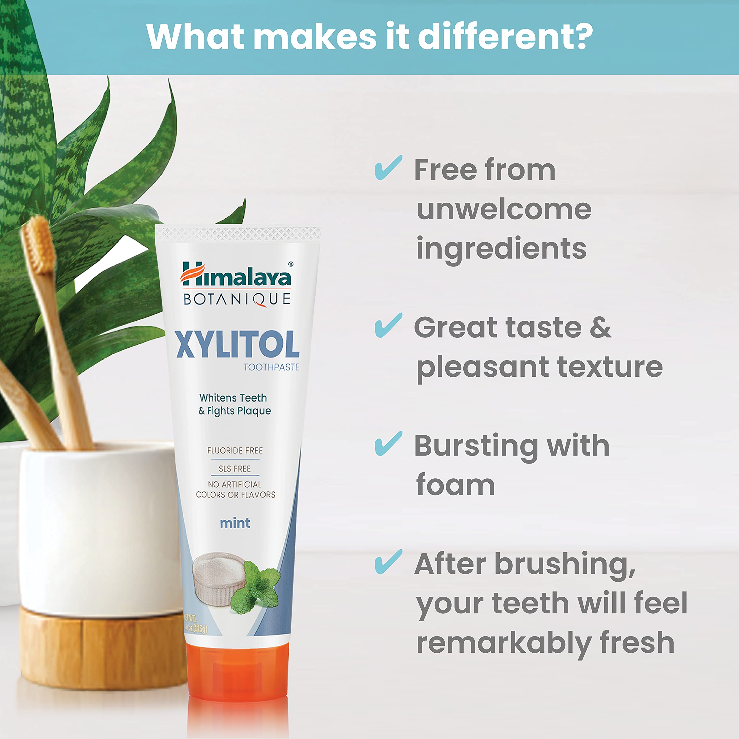 Himalaya Botanique Whitening Antiplaque Toothpaste with Xylitol – Fluoride Free, 4 oz, 4 Pack