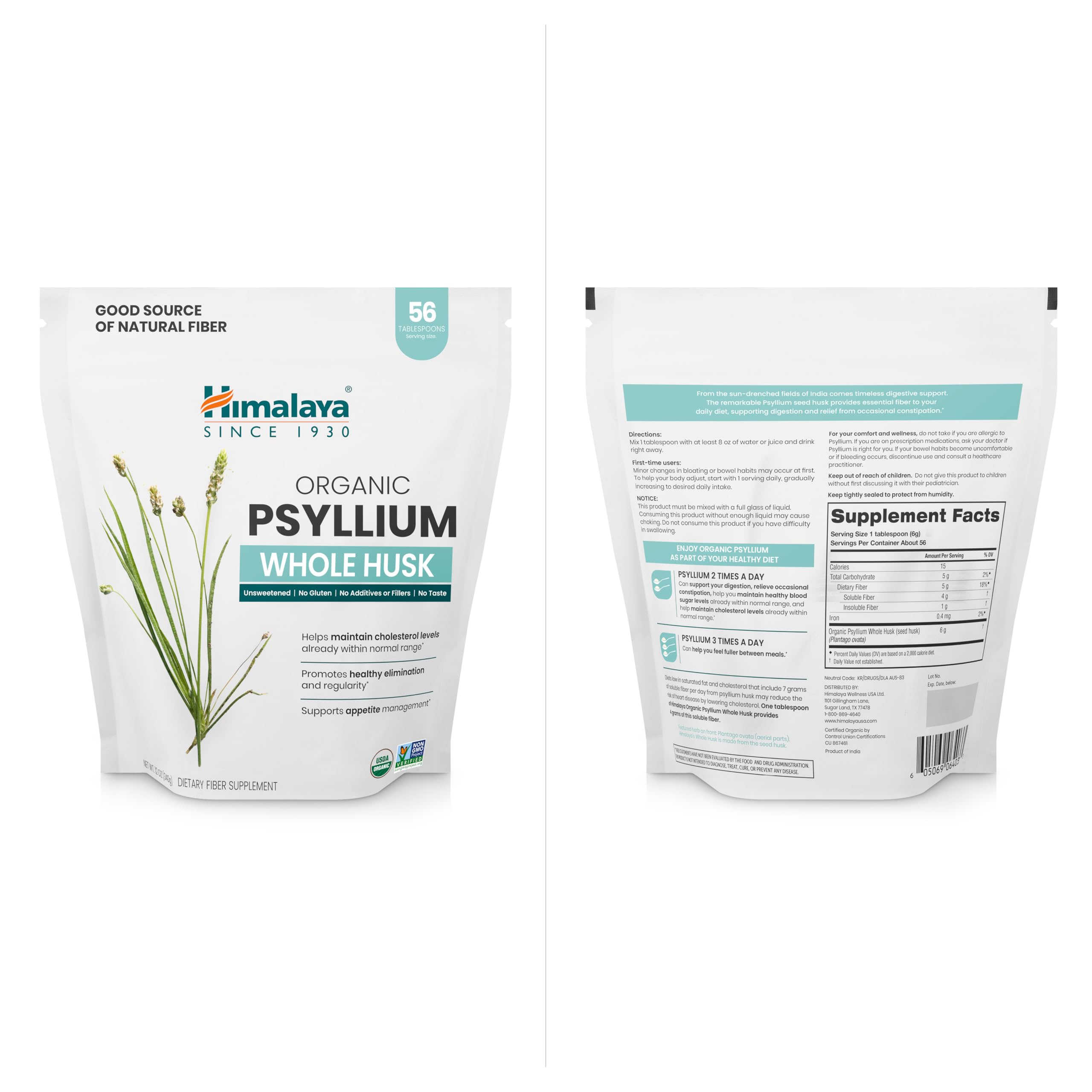 Himalaya Organic Psyllium Whole Husk - Daily Fiber, 12 oz (USDA Organic, Non-GMO)