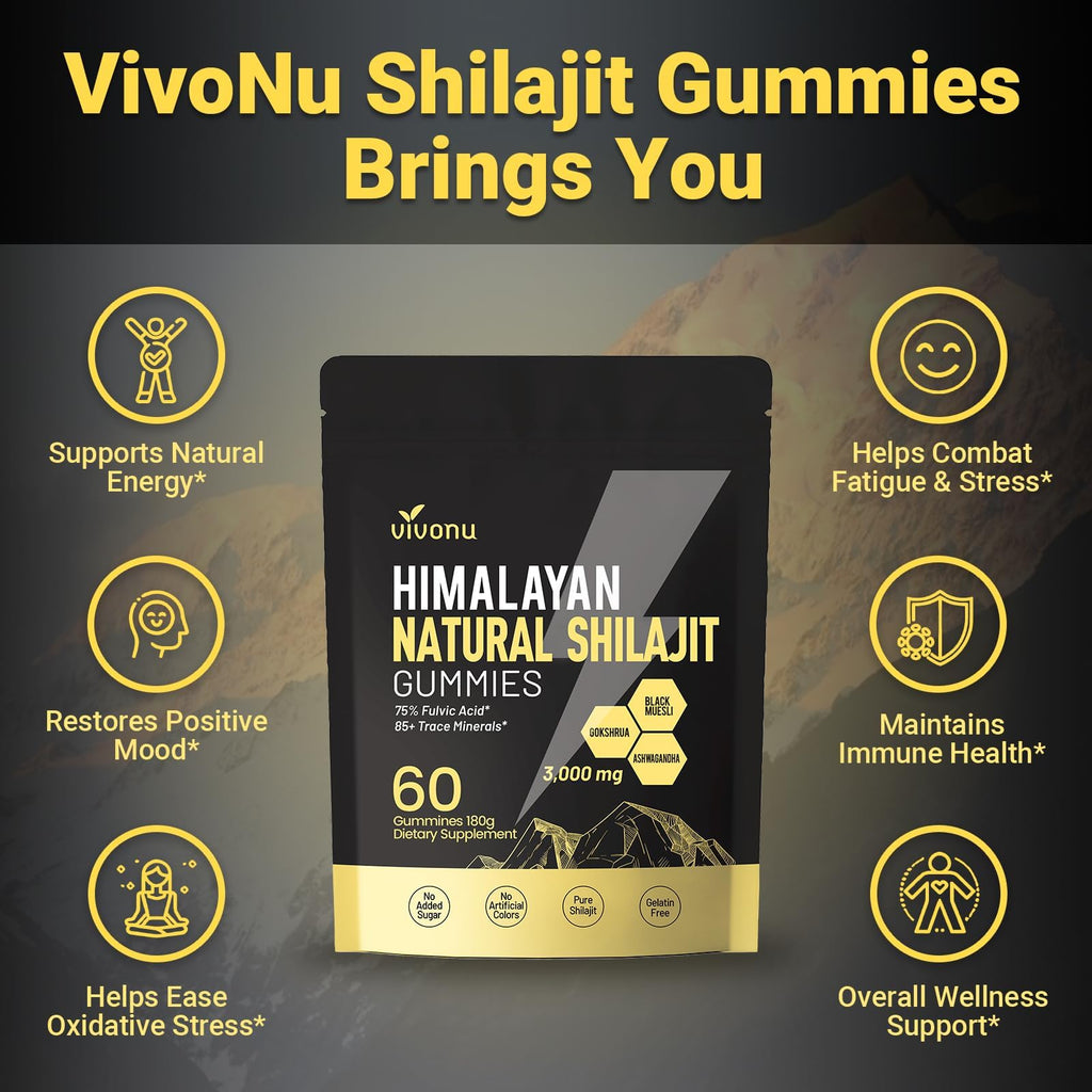 Himalayan Shilajit Gummies with Ashwagandha & Gokshura | 85+ Trace Minerals & Fulvic Acid | Organic, Non-GMO