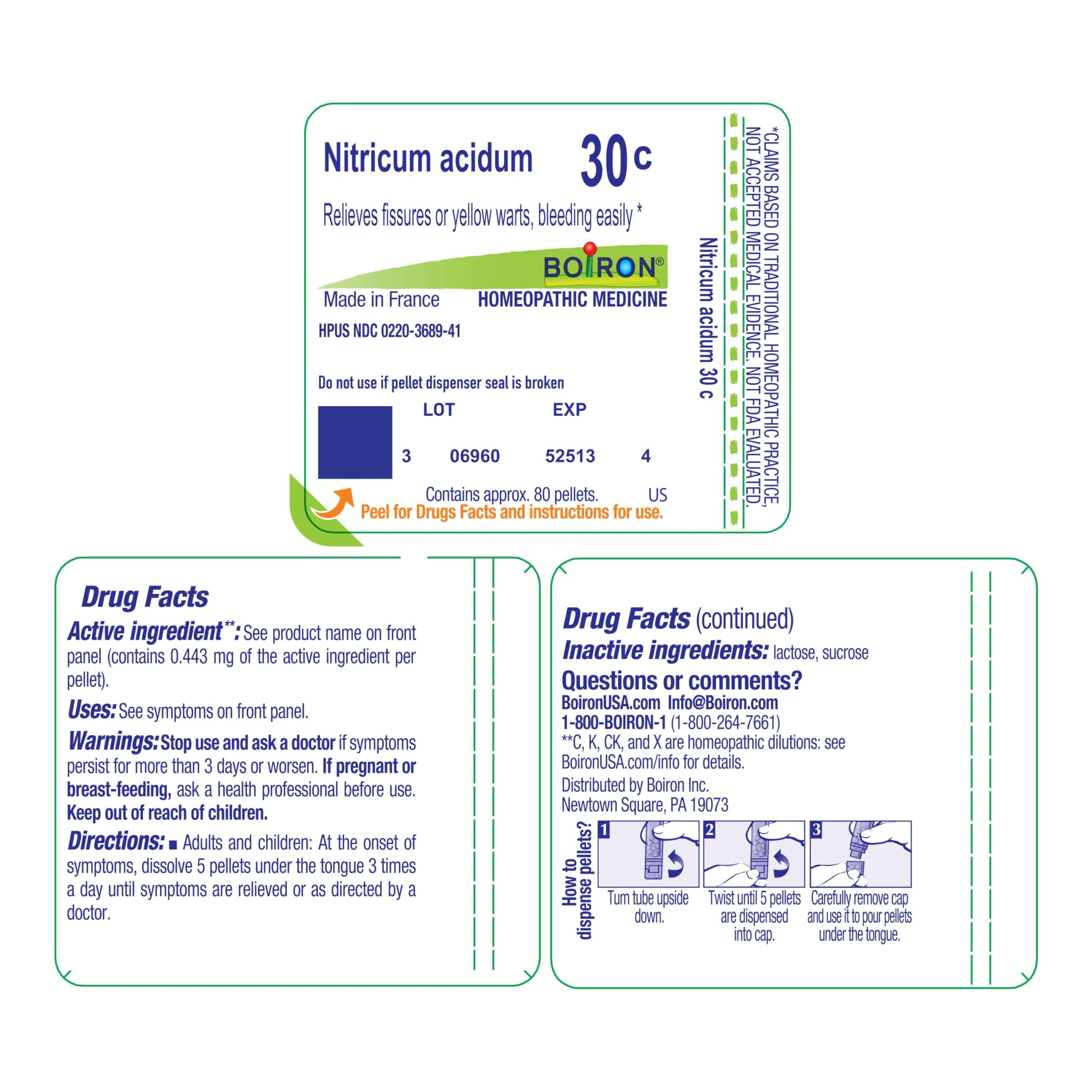 Boiron Nitricum Acidum 30C – Homeopathic Medicine for Fissures & Yellow Warts (Bleeding Easily) – 80 Pellets