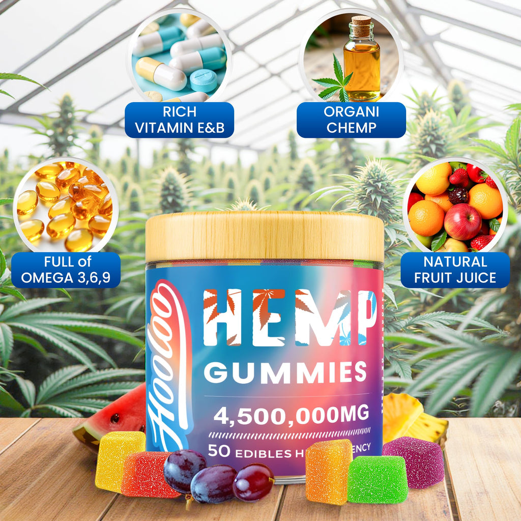 HOOLOO Hemp Gummies for Deep Bedtimes, Unwind, Focus - 6 Fruity Flavors Big Cubes Gummy Infused Vitamins Omega 3 - Extra Stength 4,500,000mg for Adults - Made in USA