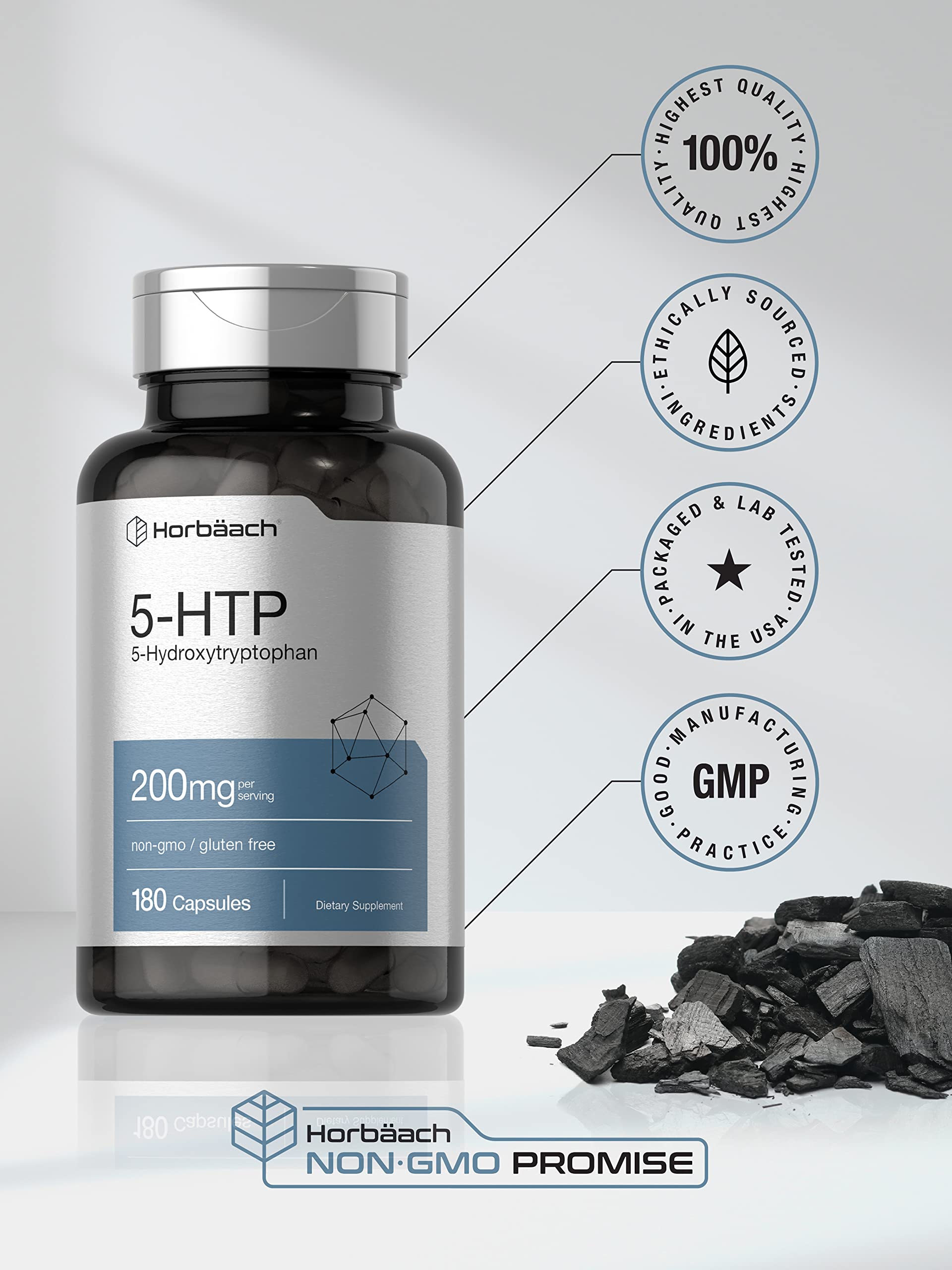 Horbäach 5-HTP 200mg Supplement | 180 Capsules | Non-GMO, Gluten Free