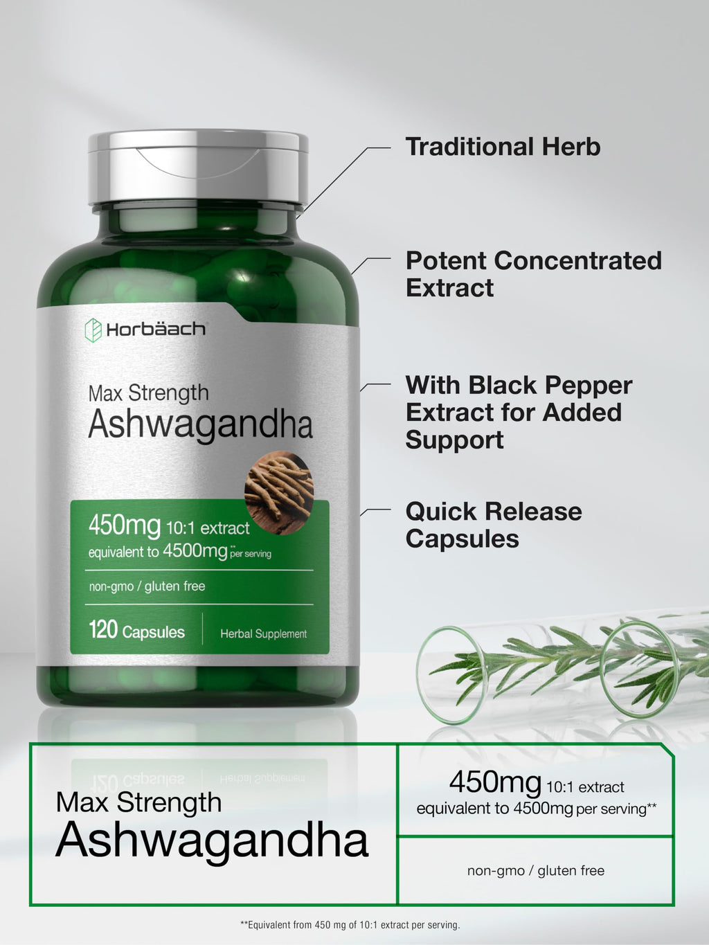 Horbäach Ashwagandha Supplement | Max Strength, 120 Capsules | Non-GMO & Gluten Free