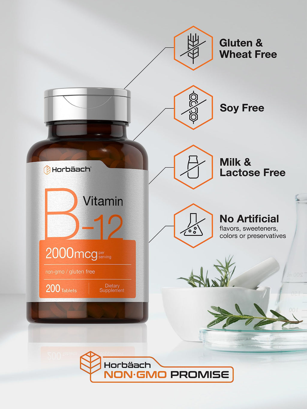 Horbäach B12 Vitamin 2000 mcg – 200 Tablets | Vegetarian, Non-GMO, Gluten Free