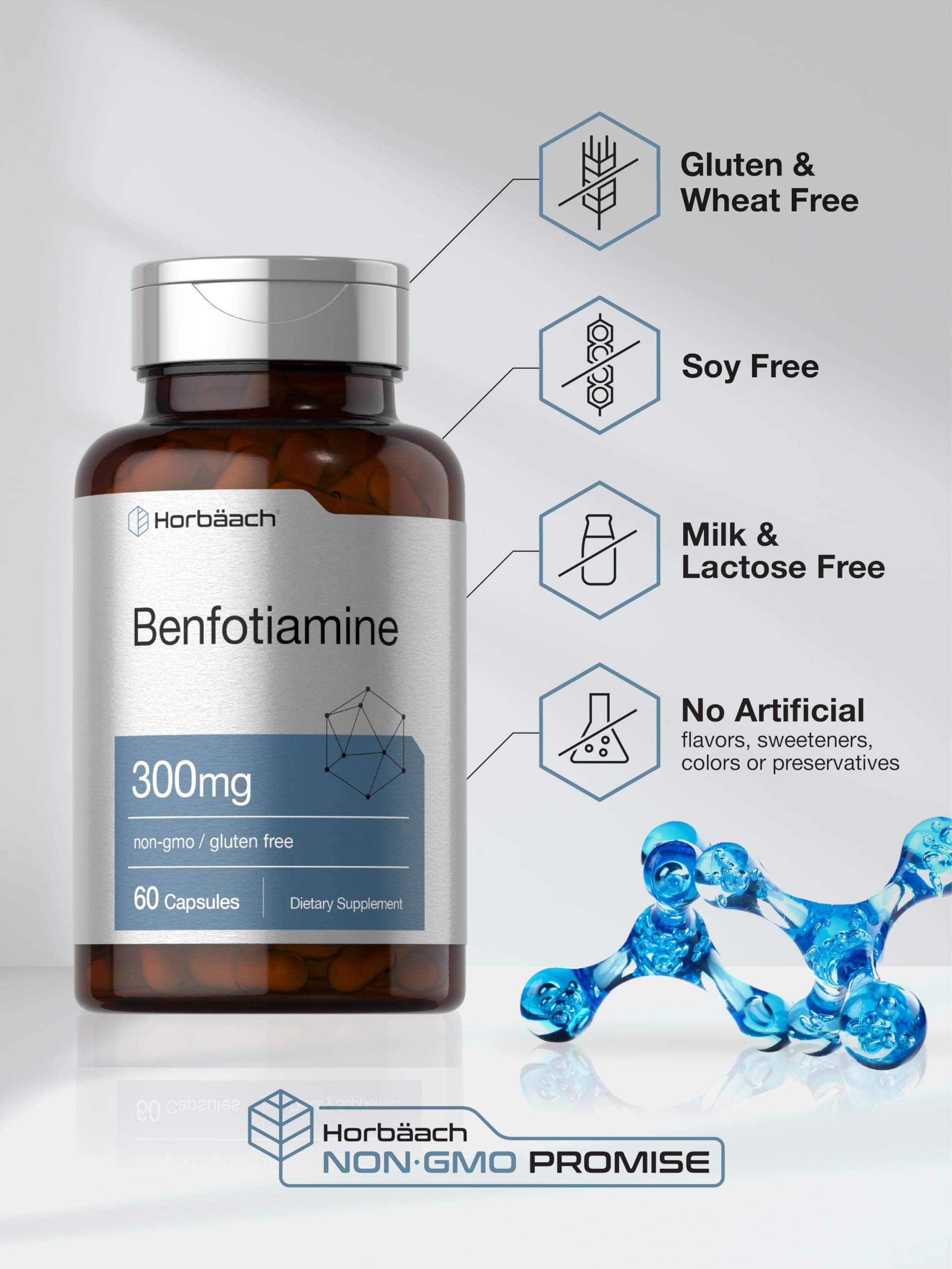Horbaach Benfotiamine 300mg | 60 Capsules | Vitamin B1 Thiamine | Non-GMO & Gluten Free Supplement