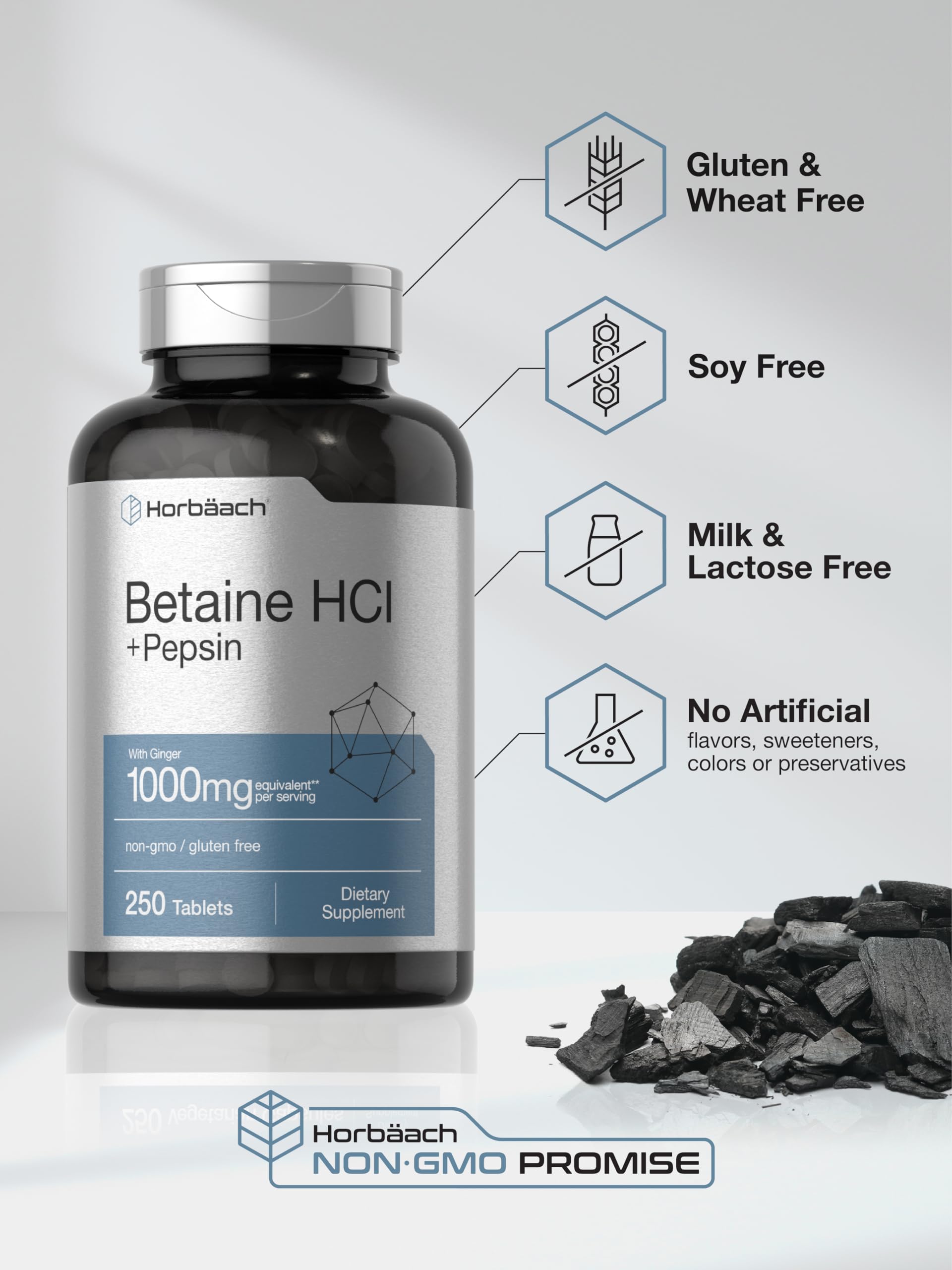 Horbäach Betaine HCl with Pepsin 1000 mg – 250 Tablets | Gluten Free, Non-GMO