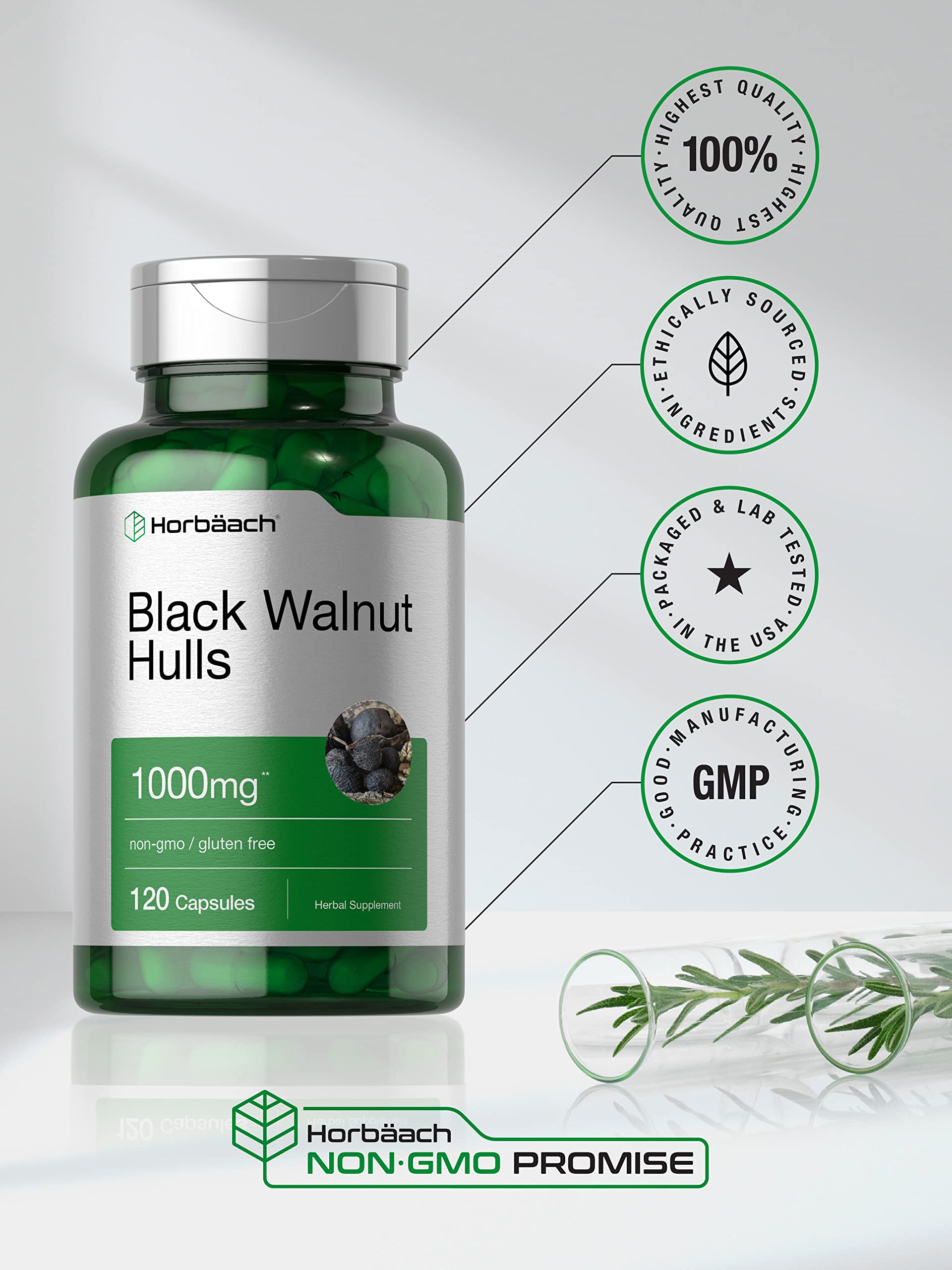 Horbaach Black Walnut Hulls Capsules | 1000 mg | 120 Count | Herbal Supplement | Non-GMO & Gluten Free