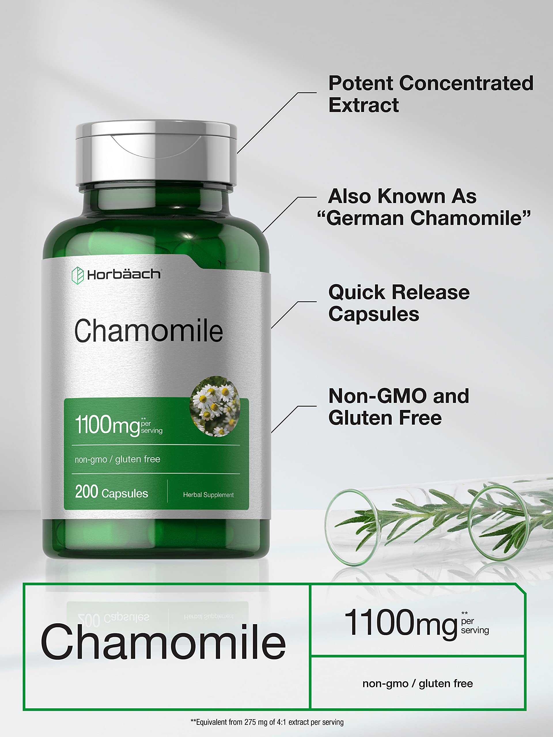 Horbäach Chamomile Flower Extract 1100mg Capsules | 200 Pills | Non-GMO