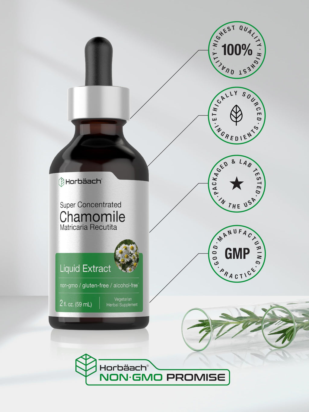 Horbäach Chamomile Extract Liquid | 2 fl oz Tincture | Alcohol Free | Super Concentrated Herb Supplement | Vegetarian Drops | Non-GMO, Gluten Free