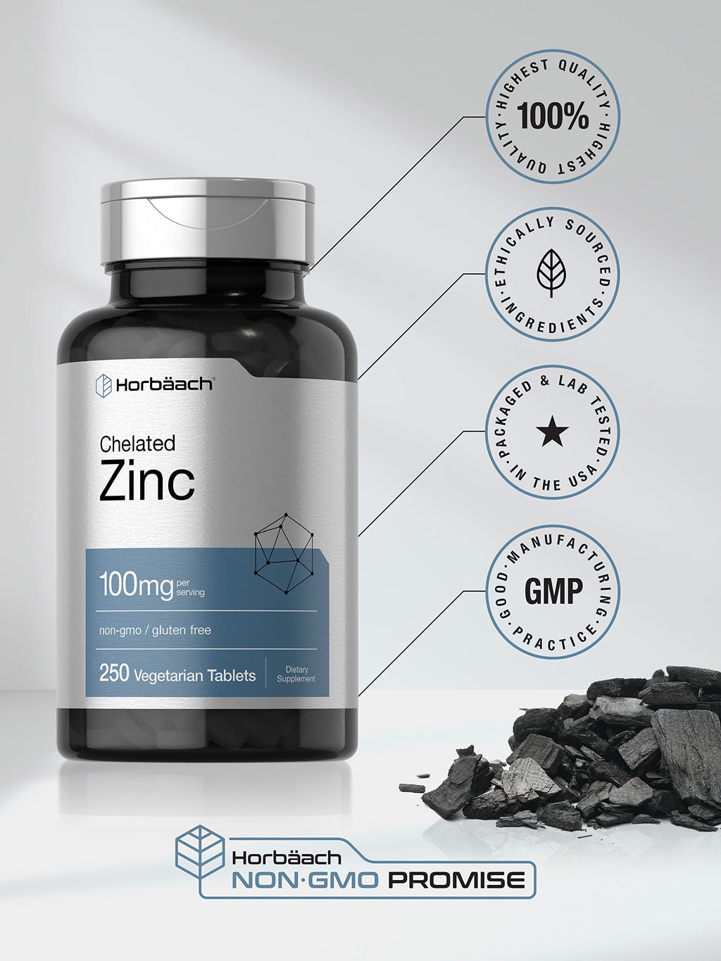 Horbäach Chelated Zinc Supplement 100 mg – 250 Tablets | High Potency & Superior Absorption | Vegetarian, Non-GMO, Gluten Free