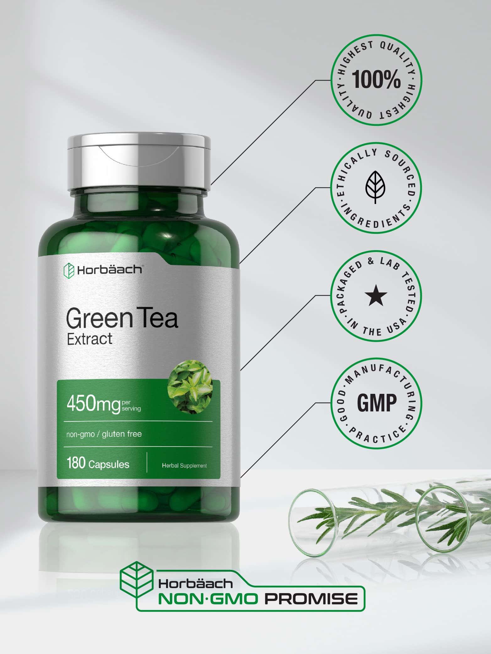 Horbäach Green Tea Extract Capsules 450mg | 180 Count | Herbal Supplement | Non-GMO & Gluten Free