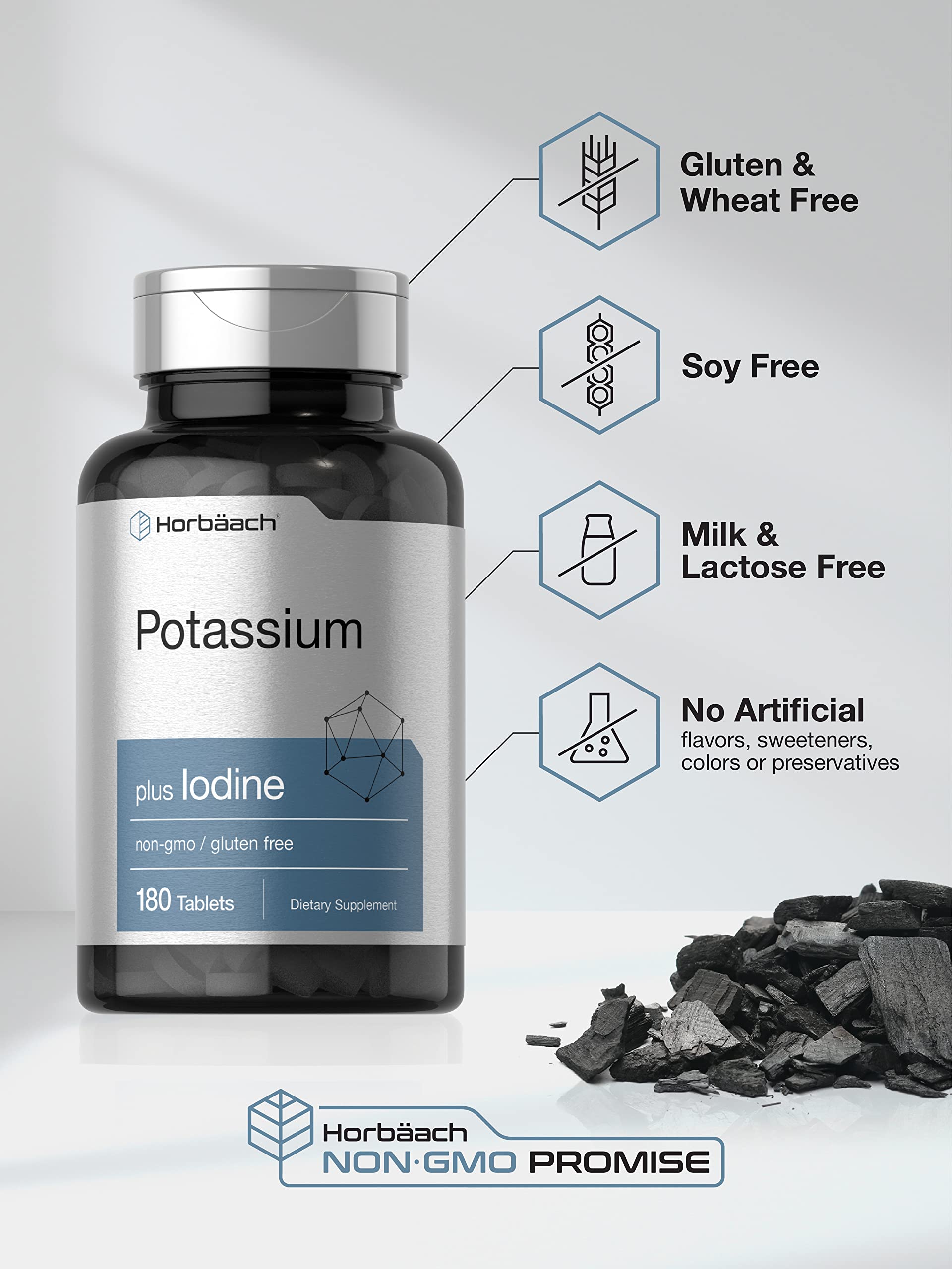 Horbäach Potassium Chloride Supplement | Plus Iodine | 180 Vegetarian Tablets | Non-GMO & Gluten Free