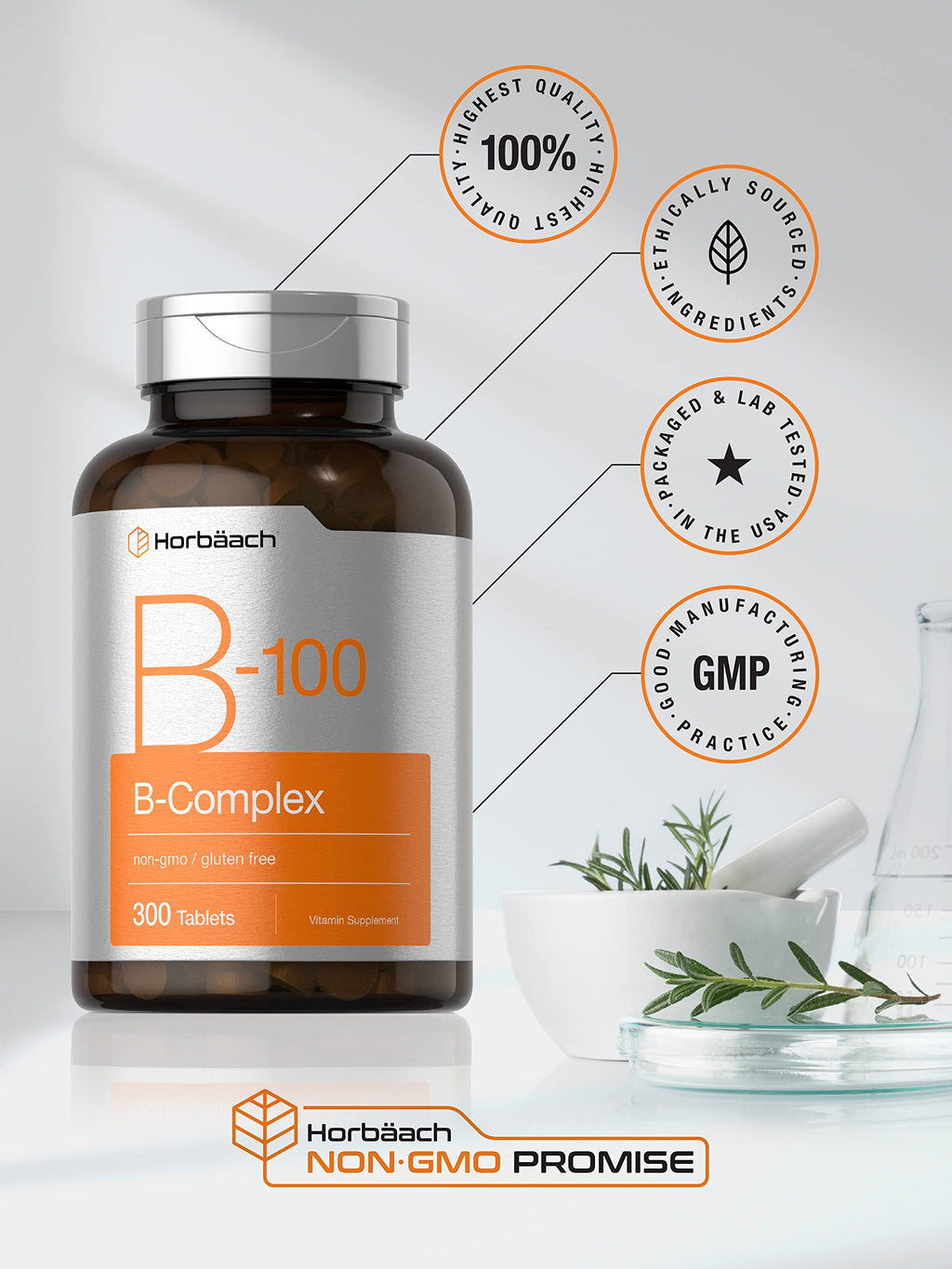 Horbäach Vitamin B-100 Complex | 100% Daily Value | 300 Tablets | Vegetarian, Non-GMO, Gluten Free