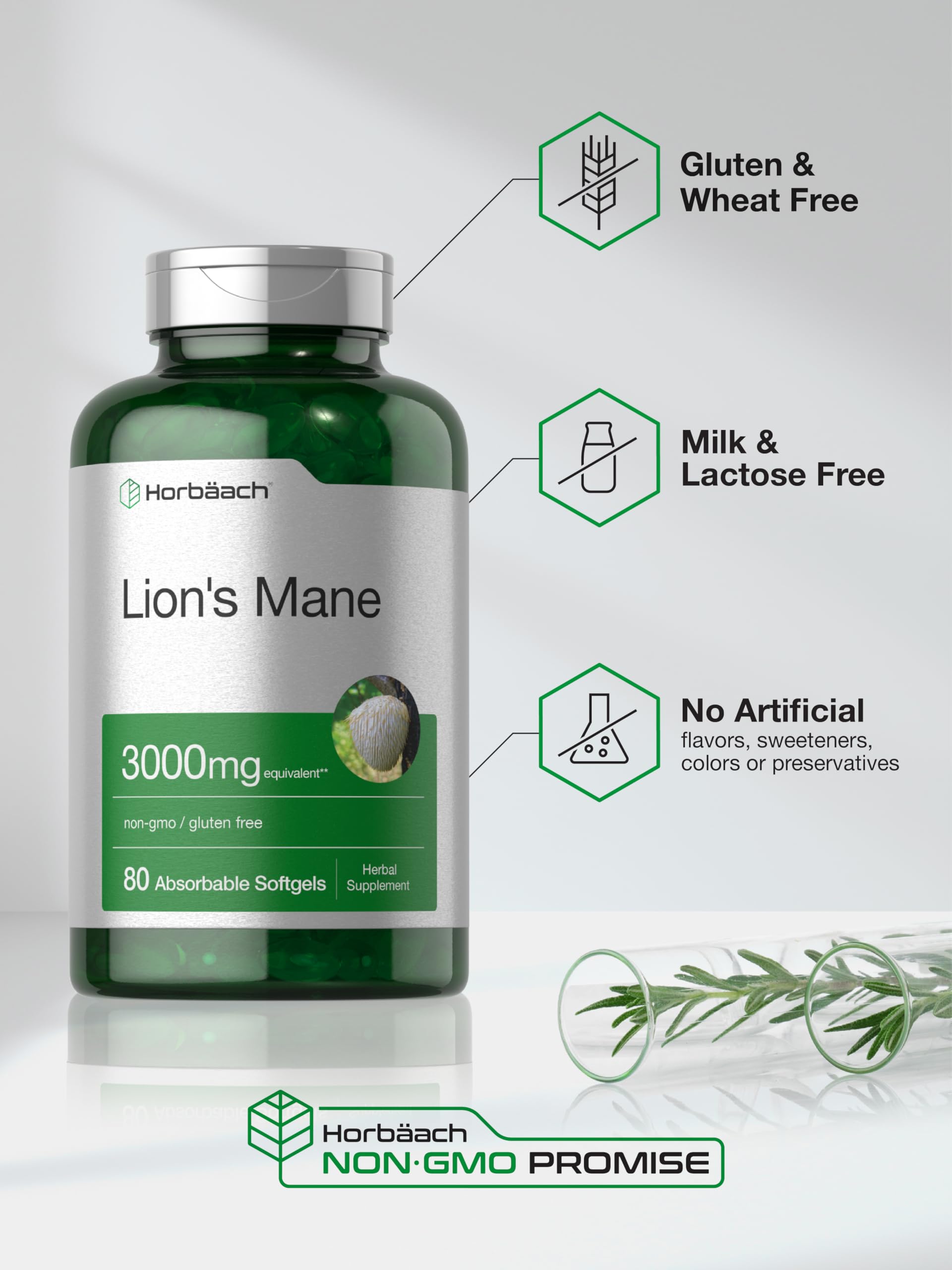 Horbäach Lions Mane Supplement | 3000mg | 80 Absorbable Softgels | Non-GMO & Gluten Free Extract