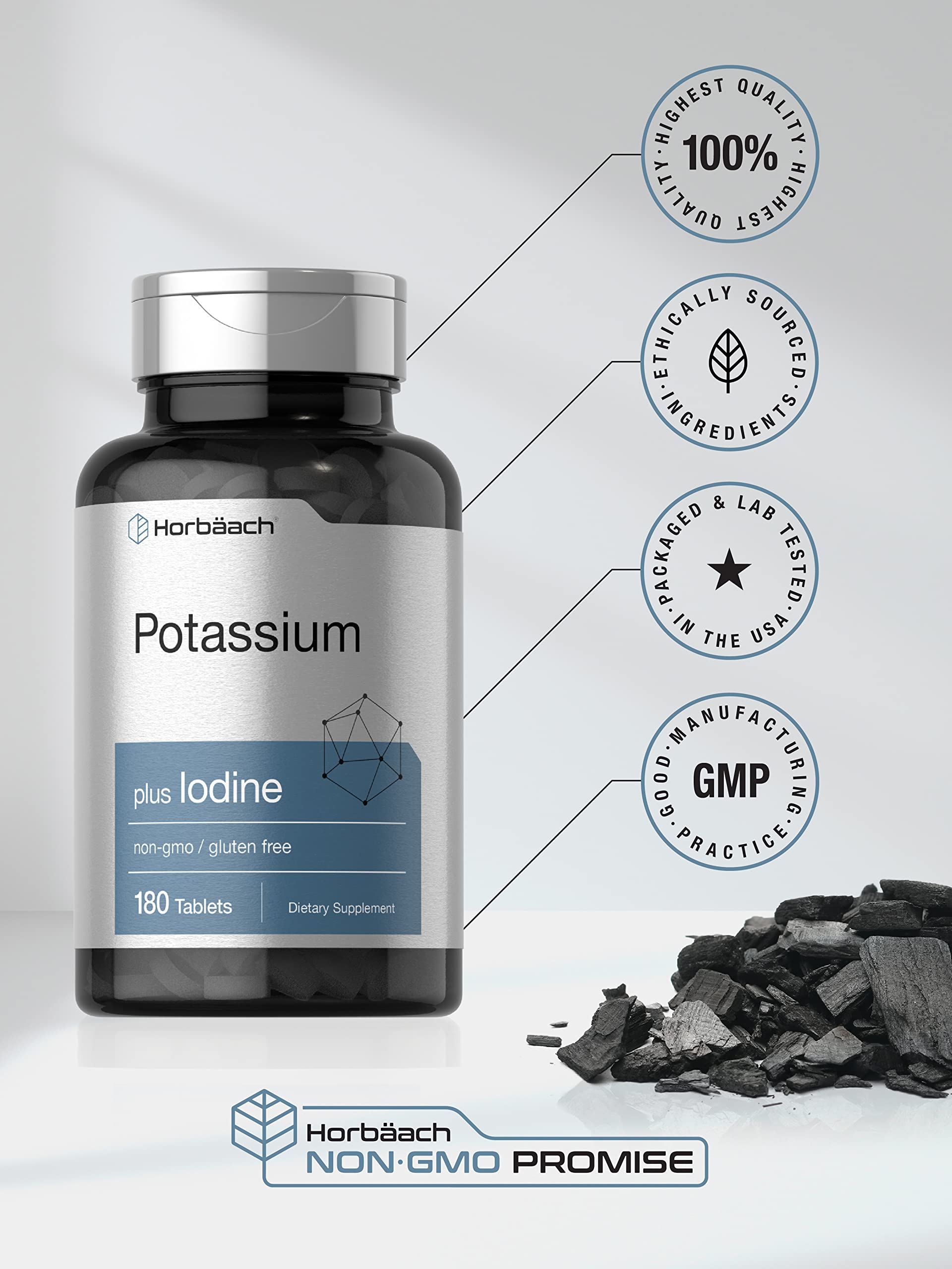 Horbäach Potassium Chloride Supplement | Plus Iodine | 180 Vegetarian Tablets | Non-GMO & Gluten Free