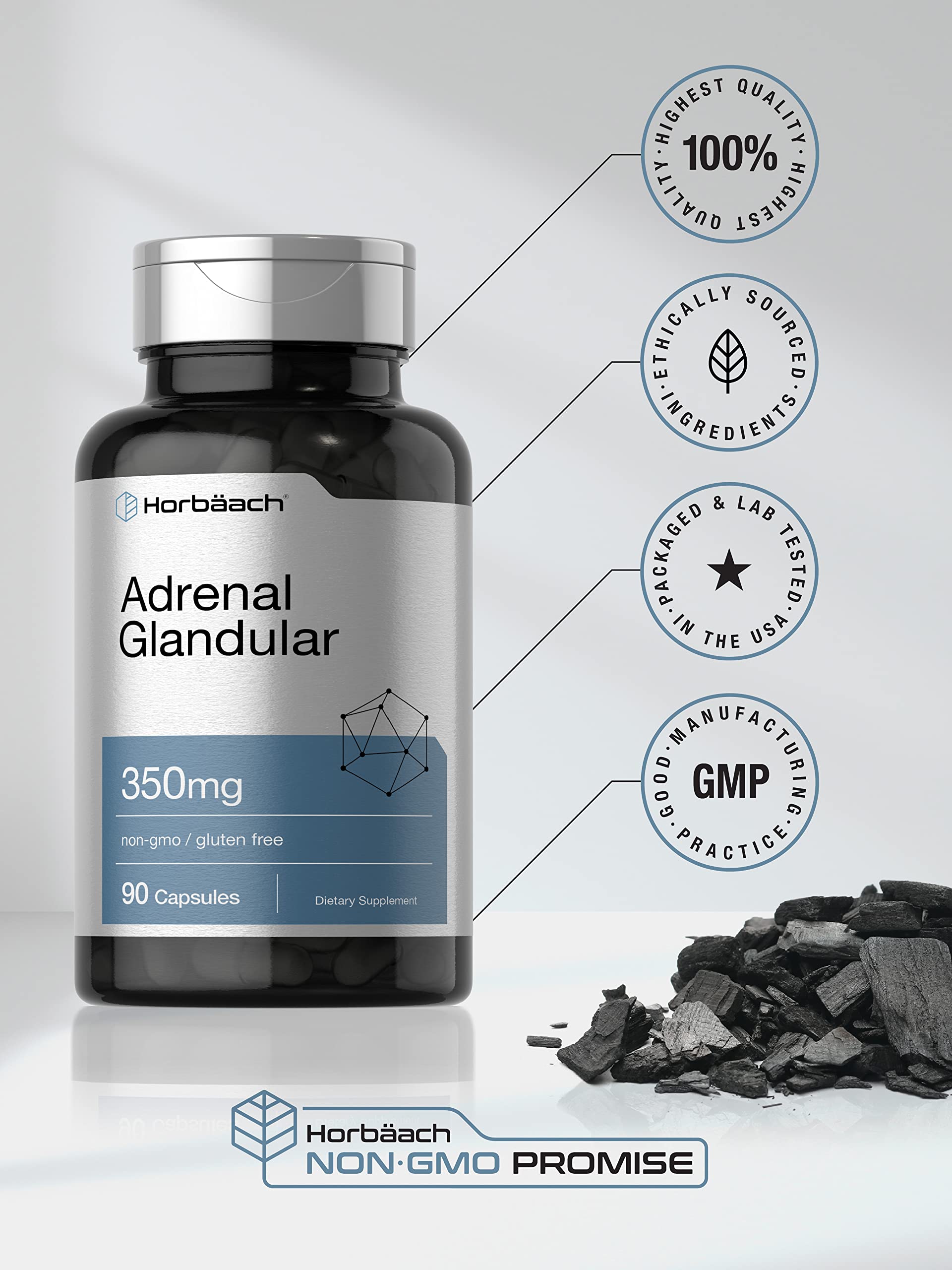 Horbäach Raw Adrenal Glandular 350 mg | 90 Capsules | Non-GMO, Gluten Free