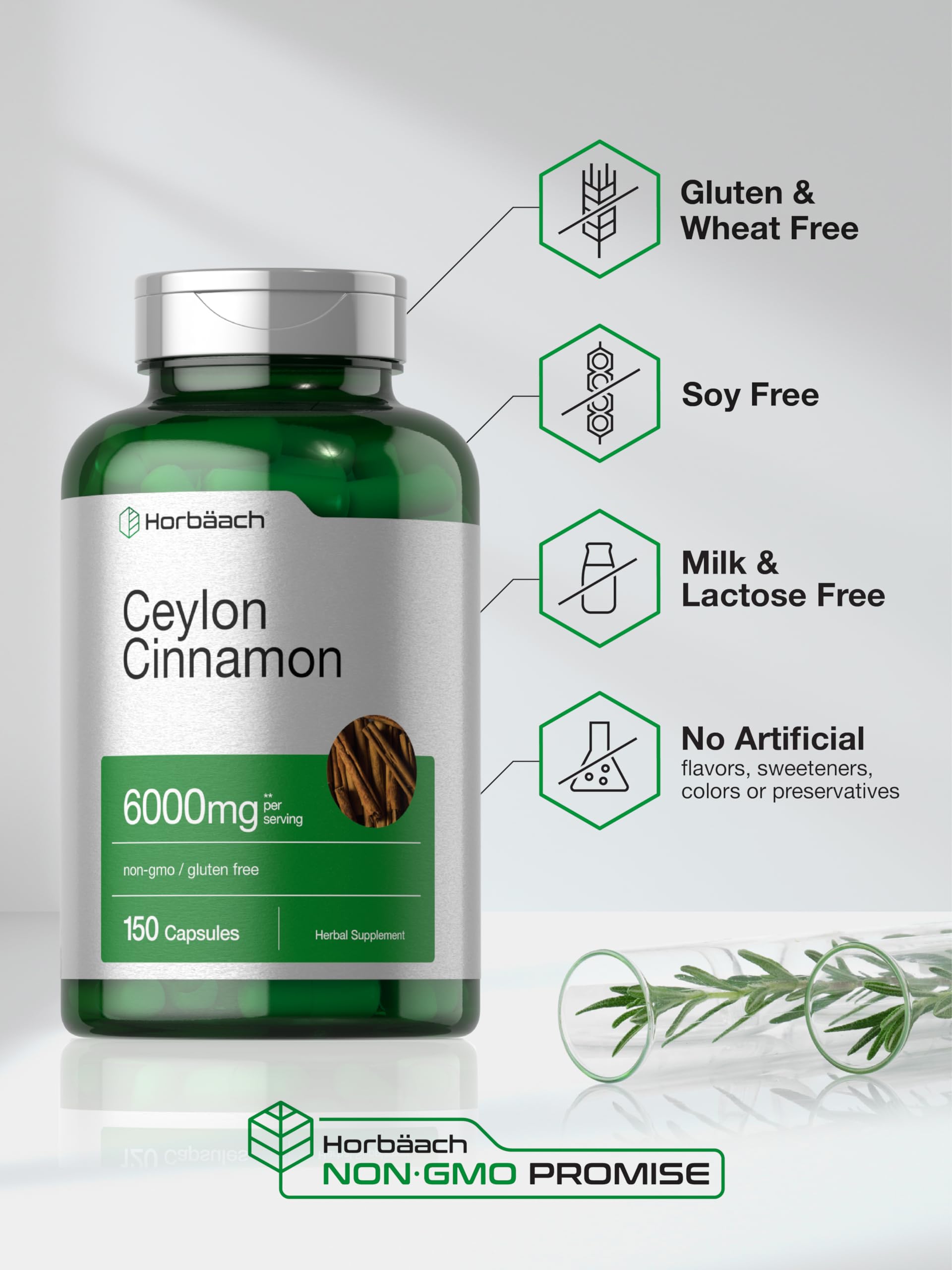 Horbäach Ceylon Cinnamon Capsules – 6000 mg | 150 Count | Non-GMO & Gluten Free