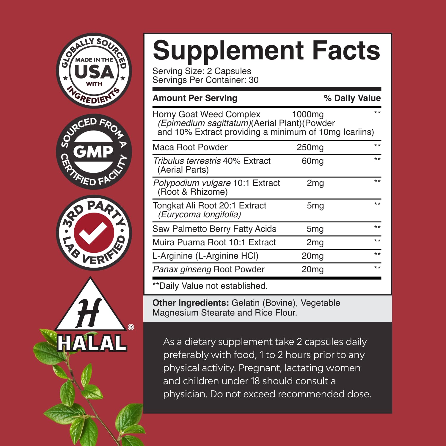 Horny Goat Weed for Men - Extra Strength 1000mg Formula with Black Maca, Tongkat Ali, Saw Palmetto & Panax Ginseng Extract | 60 Capsules