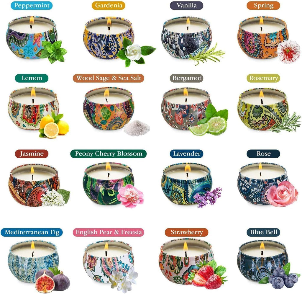 Howemon Scented Candles Gift Set - 16 Pack | Natural Soy Wax Travel Tin