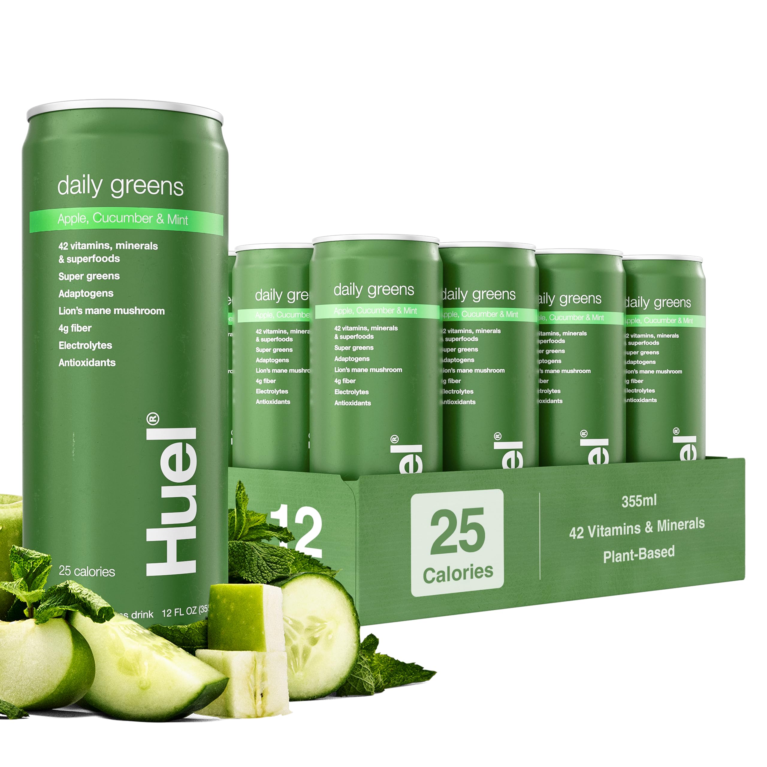 Huel Daily Greens Ready-to-Drink – Apple Cucumber Mint, 12 Fl Oz, 12 Pack | 149 Vitamins & Probiotics