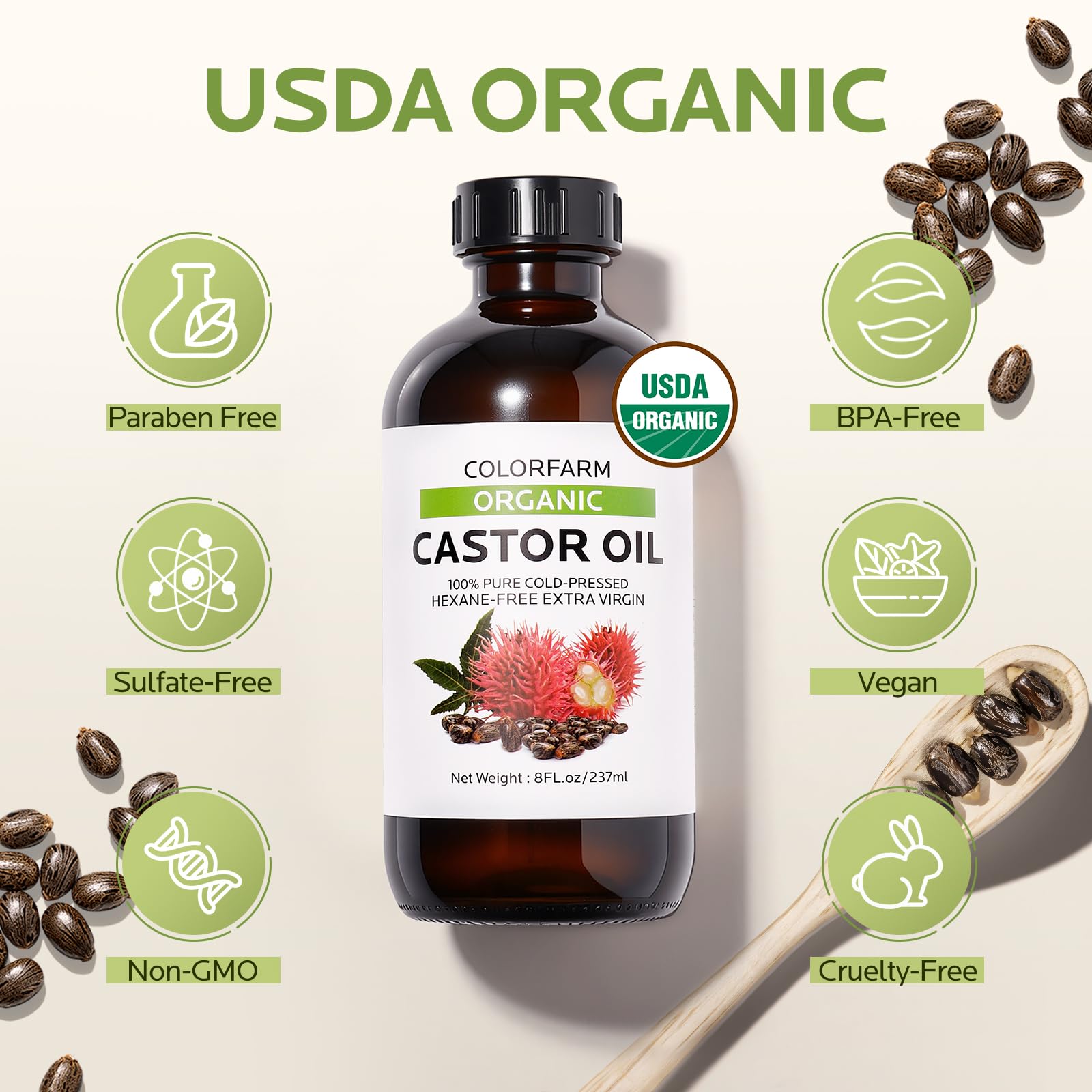 Cold Pressed Organic Castor Oil: Nourishing Hair and Skin - 100% Pure and Unrefined, Hexane-Free, USDA Organic, 8 fl oz
