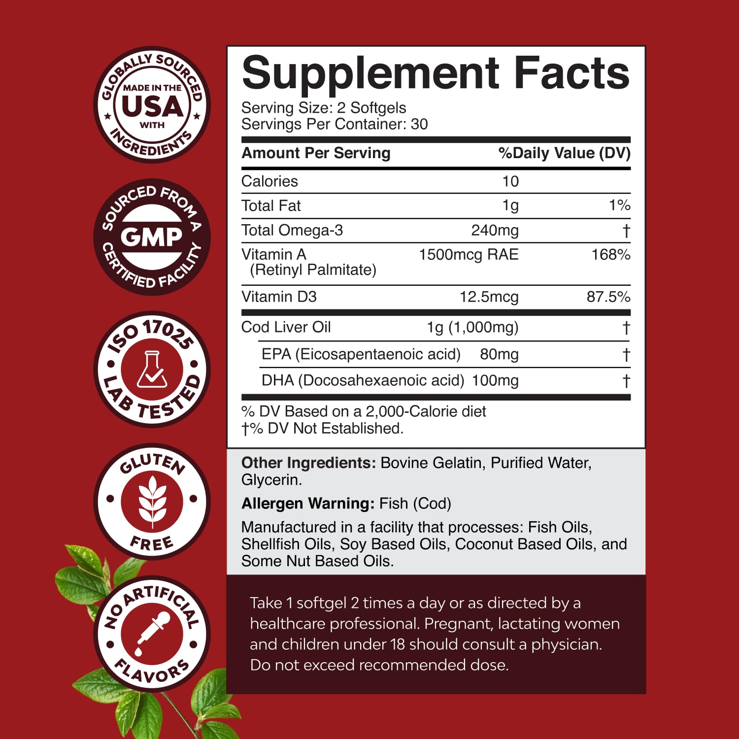 Icelandic Wild Caught Cod Liver Oil Softgels | 1000mg Omega-3 (EPA & DHA) | 60 Count