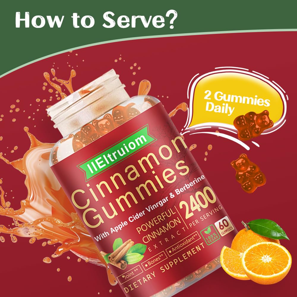 IIEltruiom Ceylon Cinnamon Gummies – 2400mg Cinnamon with Berberine, Turmeric, Apple Cider Vinegar, Bitter Melon, Chromium | 60 Counts