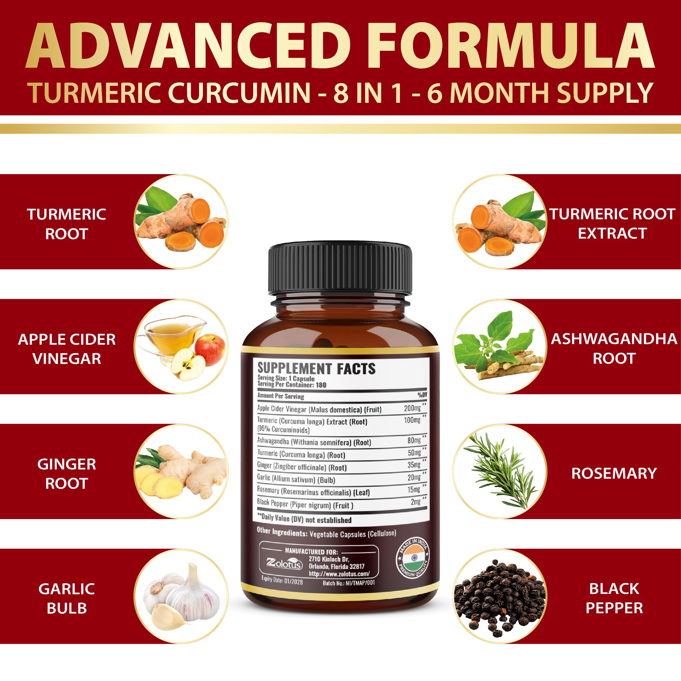 7 in 1 Turmeric Curcumin + Apple Cider Vinegar Capsules – 180 Count, 6 Month Supply