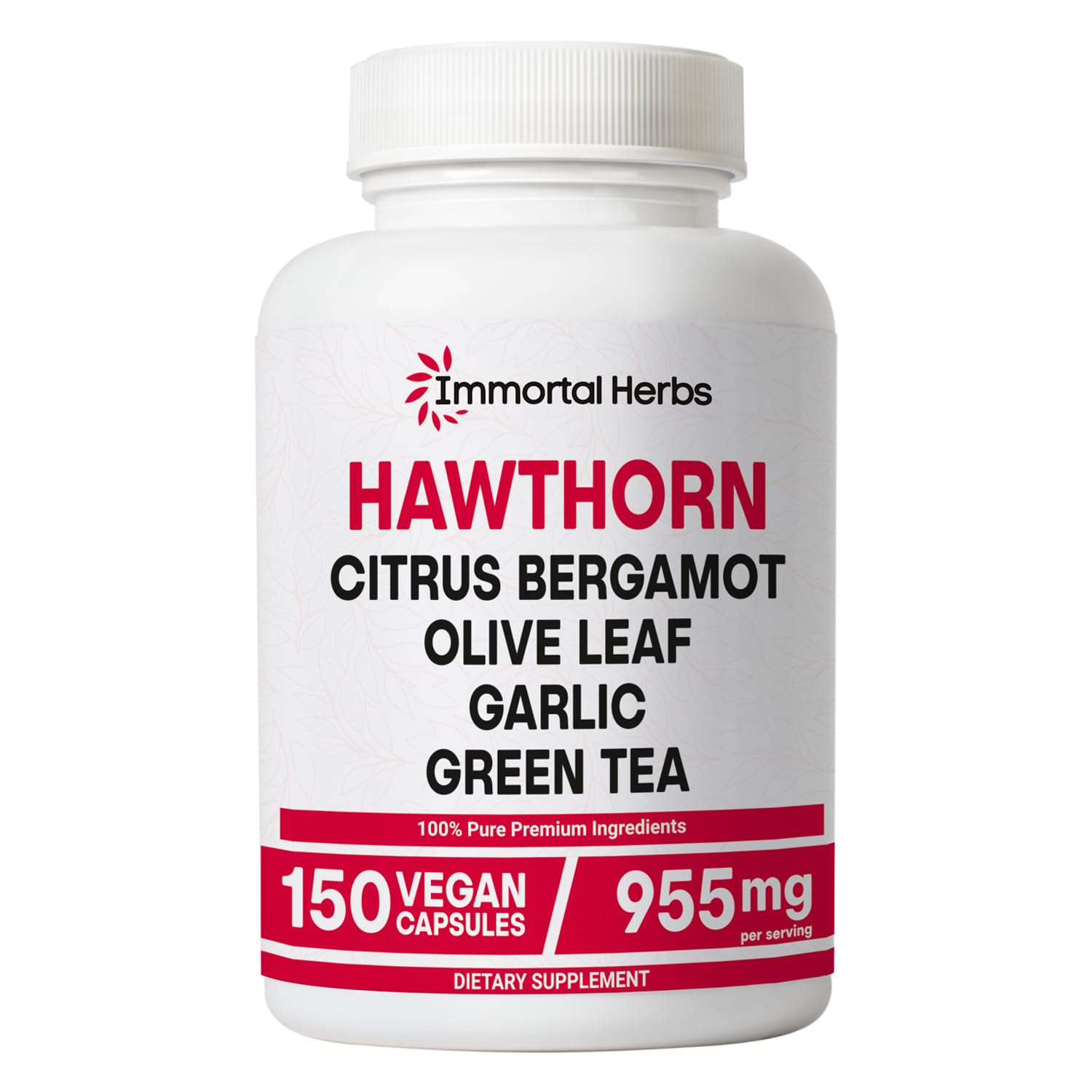 Immortal Herbs Hawthorn Berry Capsules – 6-in-1 Extract with Olive Leaf, Bergamot, Garlic, Green Tea & Black Pepper | 150 Vegan Pills | Non-GMO & Gluten-Free
