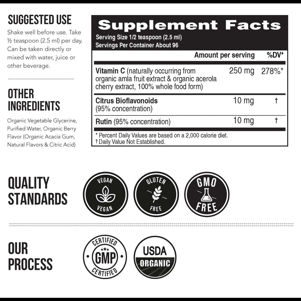 Organic Vitamin C Liquid 250 mg – Whole Food Vitamin C with Citrus Bioflavonoids & Rutin | Immune Support