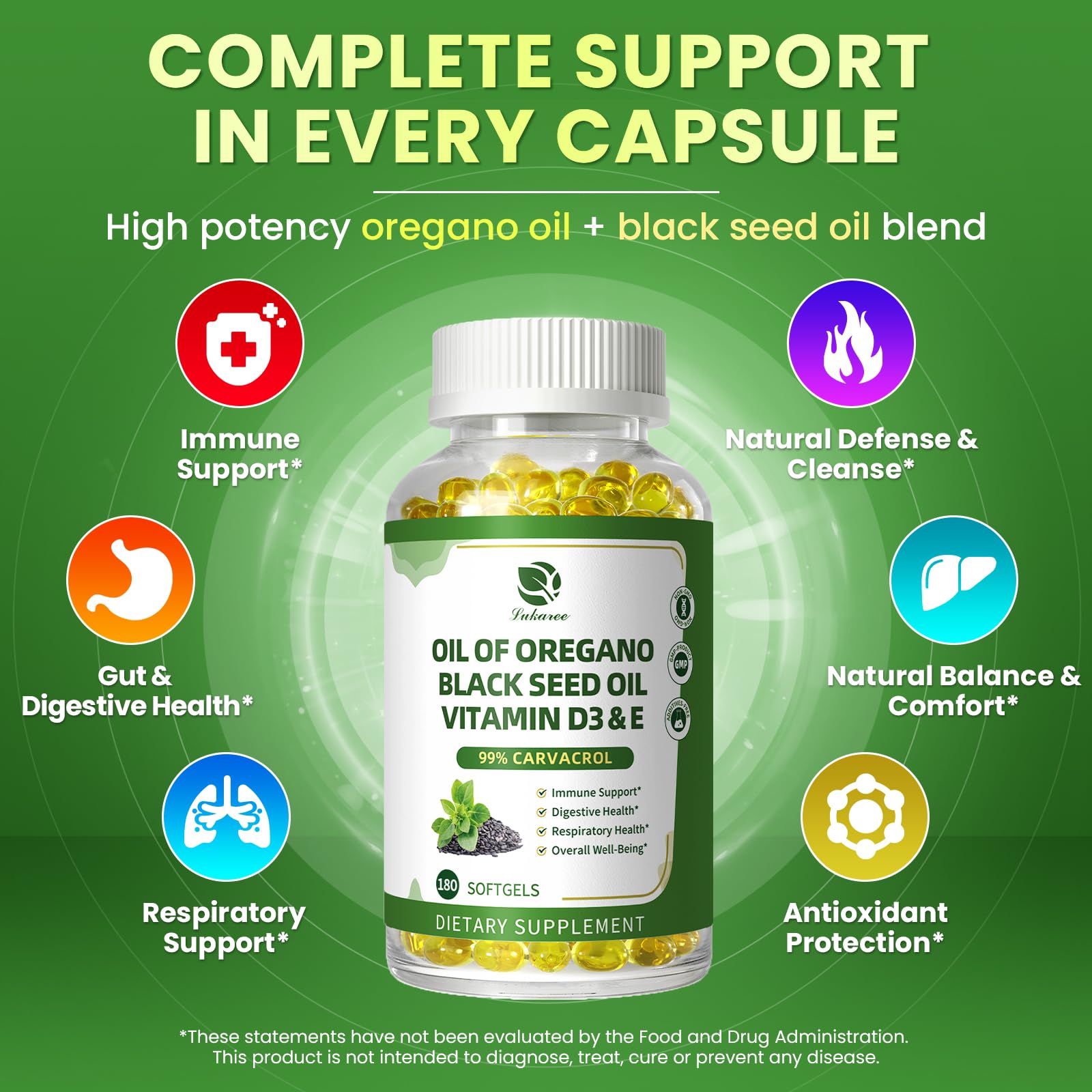 Organic Oregano Oil Capsules + Black Seed Oil | 99% Carvacrol, 180 Softgels