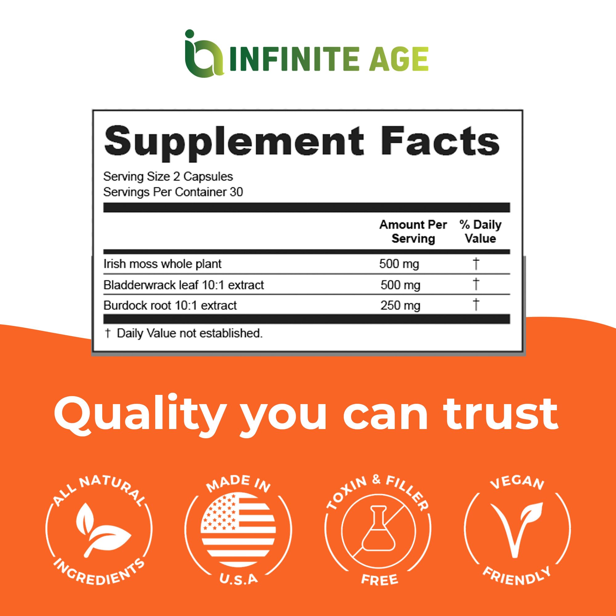 INFINITE AGE Sea Moss Capsules 3 Pack – 1250mg per serving, 180 Count, Vegan, USA Made