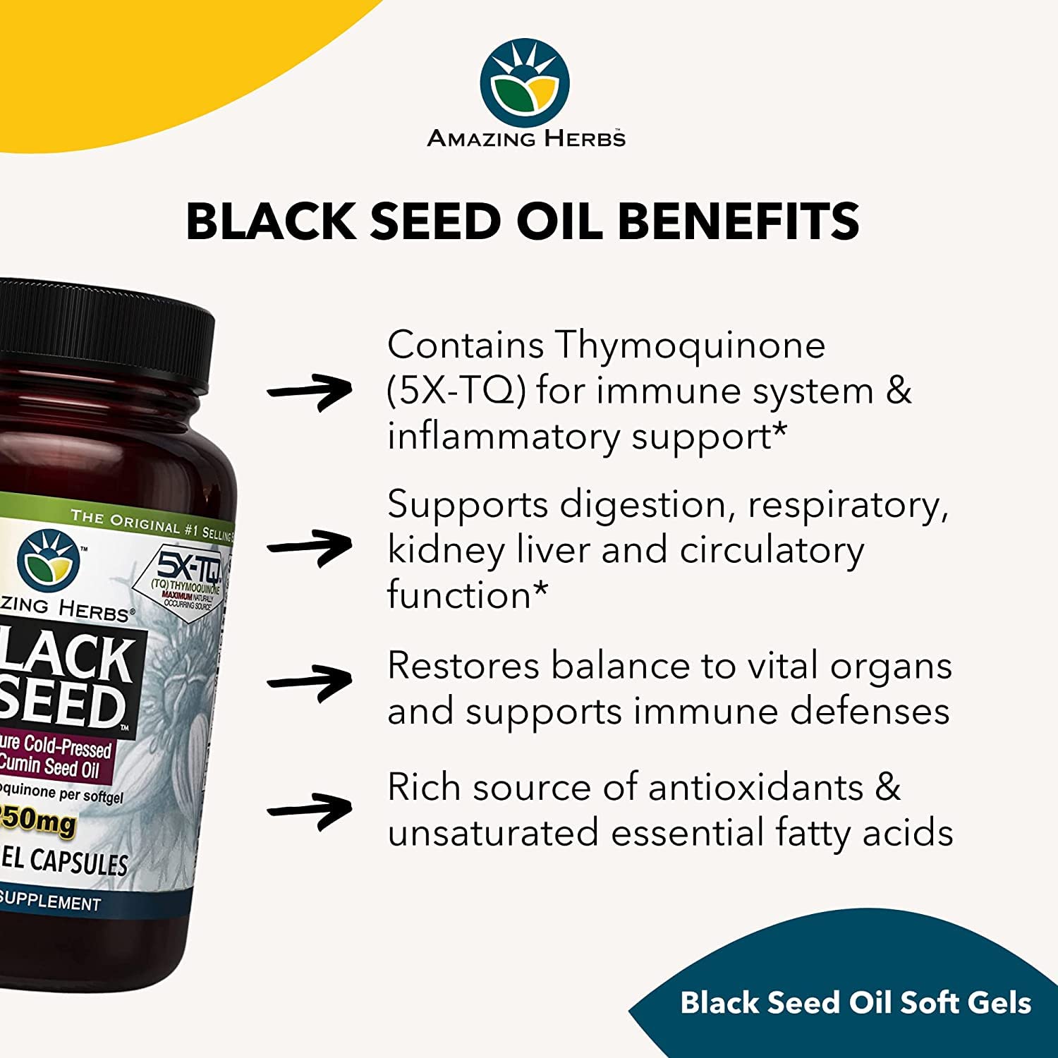 Amazing Herbs Premium Black Seed Oil Capsules - 1250mg, Cold-Pressed Nigella Sativa, 60 Count (Pack of 2)