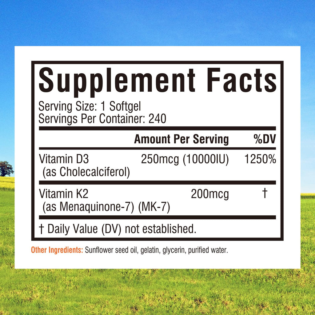 Innate Vitality D3 K2 Softgels 10,000 IU + MK-7 200 mcg | 240 Softgels | Non-GMO Gluten Free