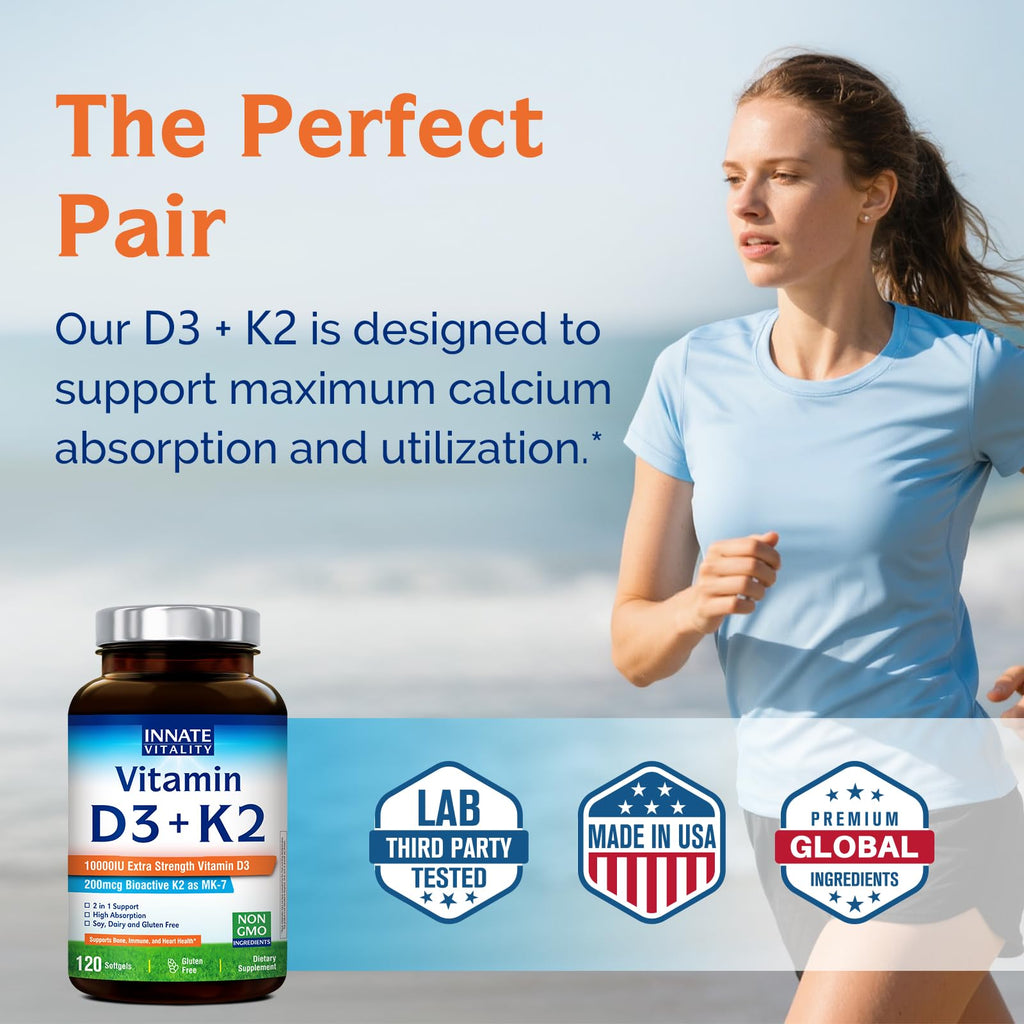 Innate Vitality D3 K2 Softgels — 10,000 IU D3 + 200 mcg MK-7 | Bone & Immune Health