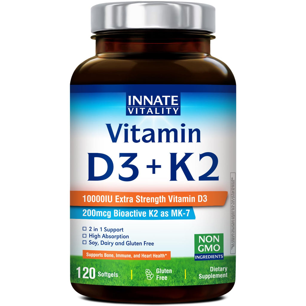 Innate Vitality D3 K2 Softgels — 10,000 IU D3 + 200 mcg MK-7 | Bone & Immune Health