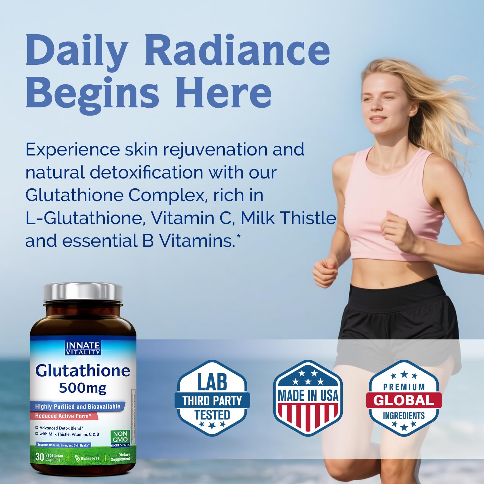 Innate Vitality Glutathione 500mg – Reduced GSH with Milk Thistle, Vitamin C & B Complex | 30 Capsules