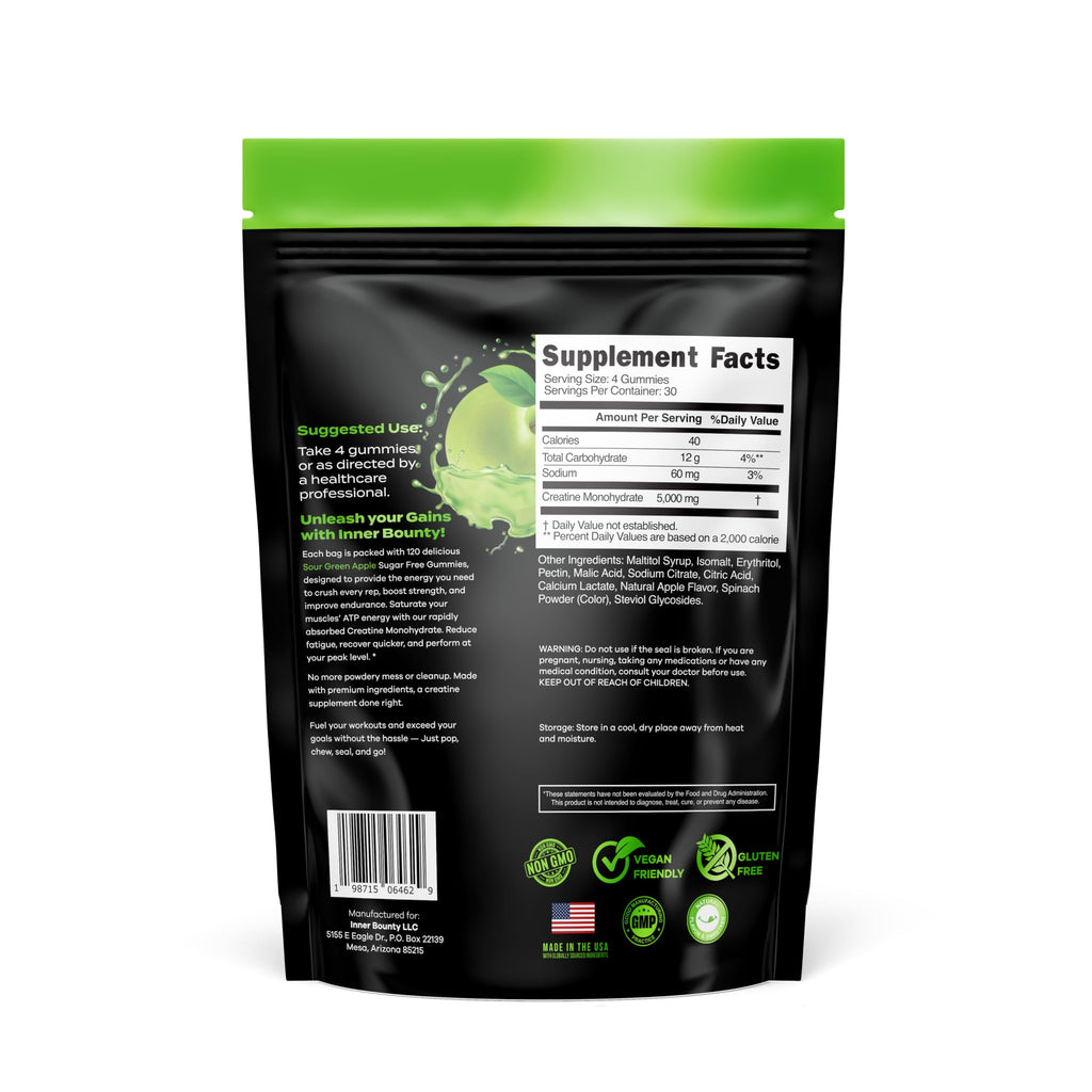 Inner Bounty Sugar Free Creatine Gummies – 120 Vegan Chews, Sour Green Apple