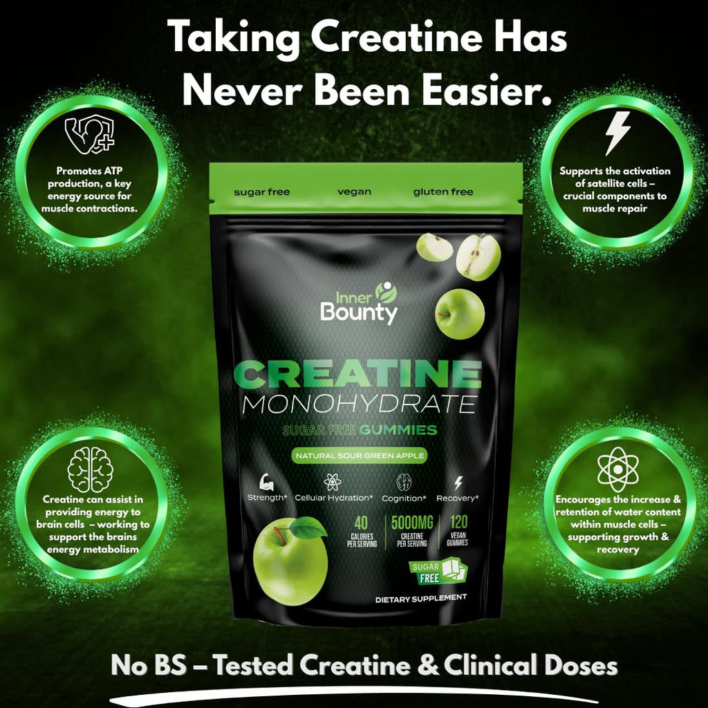 Inner Bounty Sugar Free Creatine Gummies – 120 Vegan Chews, Sour Green Apple