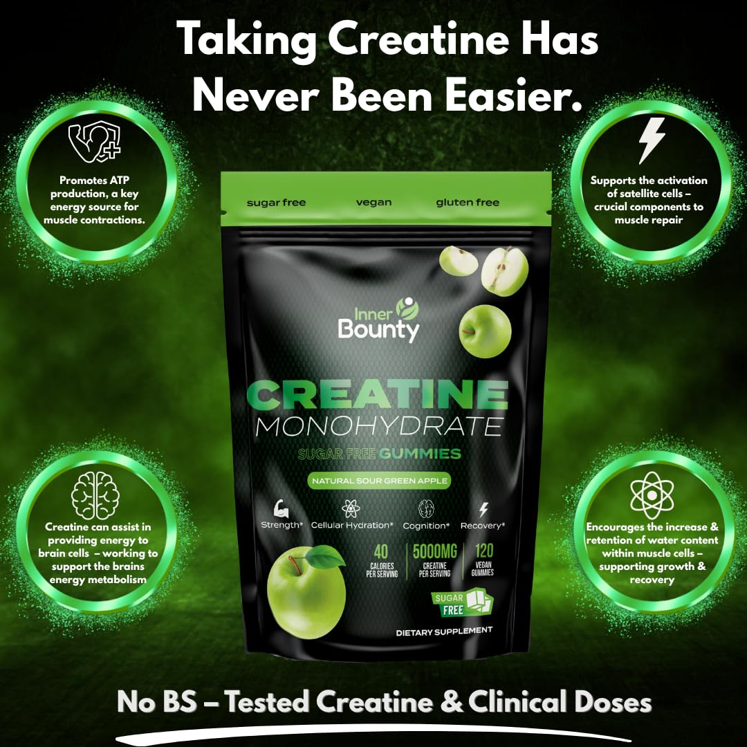 Inner Bounty Sugar Free Creatine Gummies – 120 Vegan Chews, Sour Green Apple