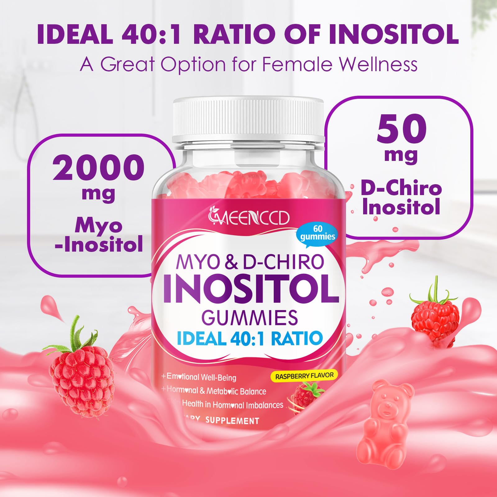 Myo-Inositol & D-Chiro Inositol Gummies 40:1 – Women’s Health, Raspberry, 60 Count