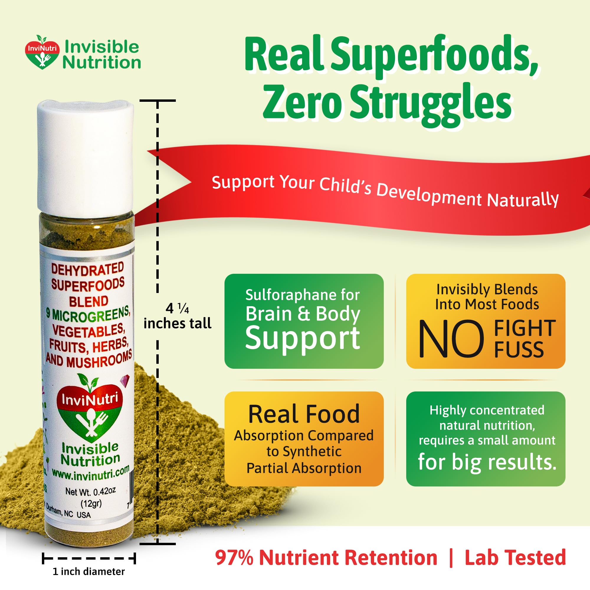 InviNutri Superfood Powder – Unflavoured, Sensory-Friendly | 40x Nutrients, 30mg Sulforaphane