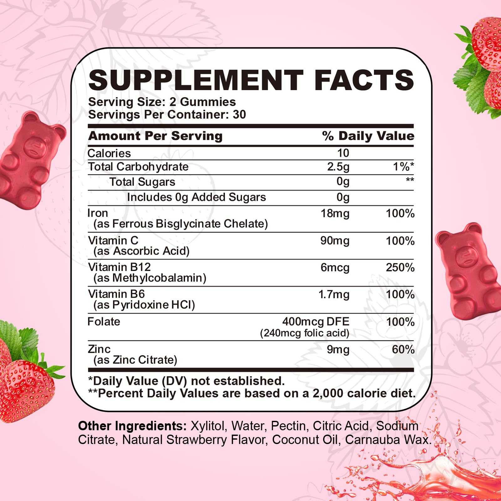 Iron Gummies for Women & Men – Vegan Iron Supplement (Strawberry) 60 Gummies