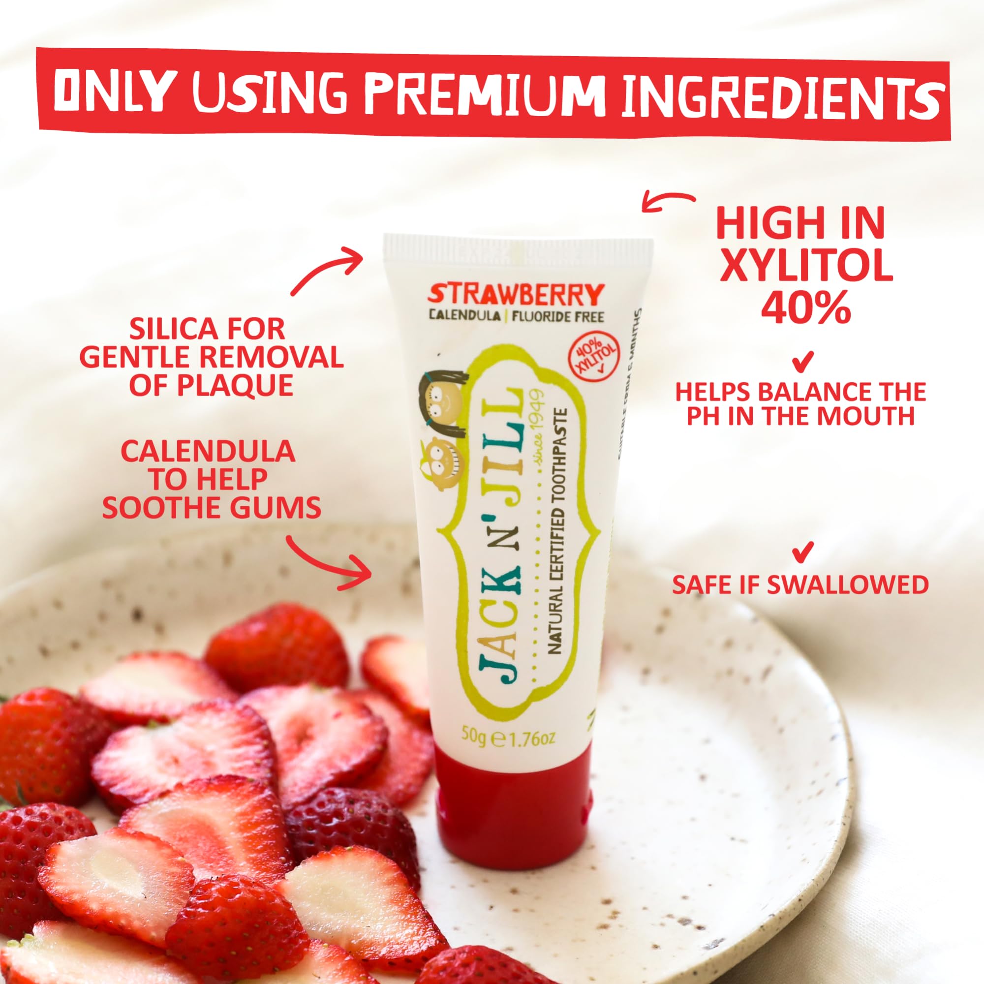 Jack N' Jill Natural Toothpaste for Babies & Infants - Fluoride Free, 40% Xylitol, Strawberry, BPA Free - 1.76 oz (Pack of 2)