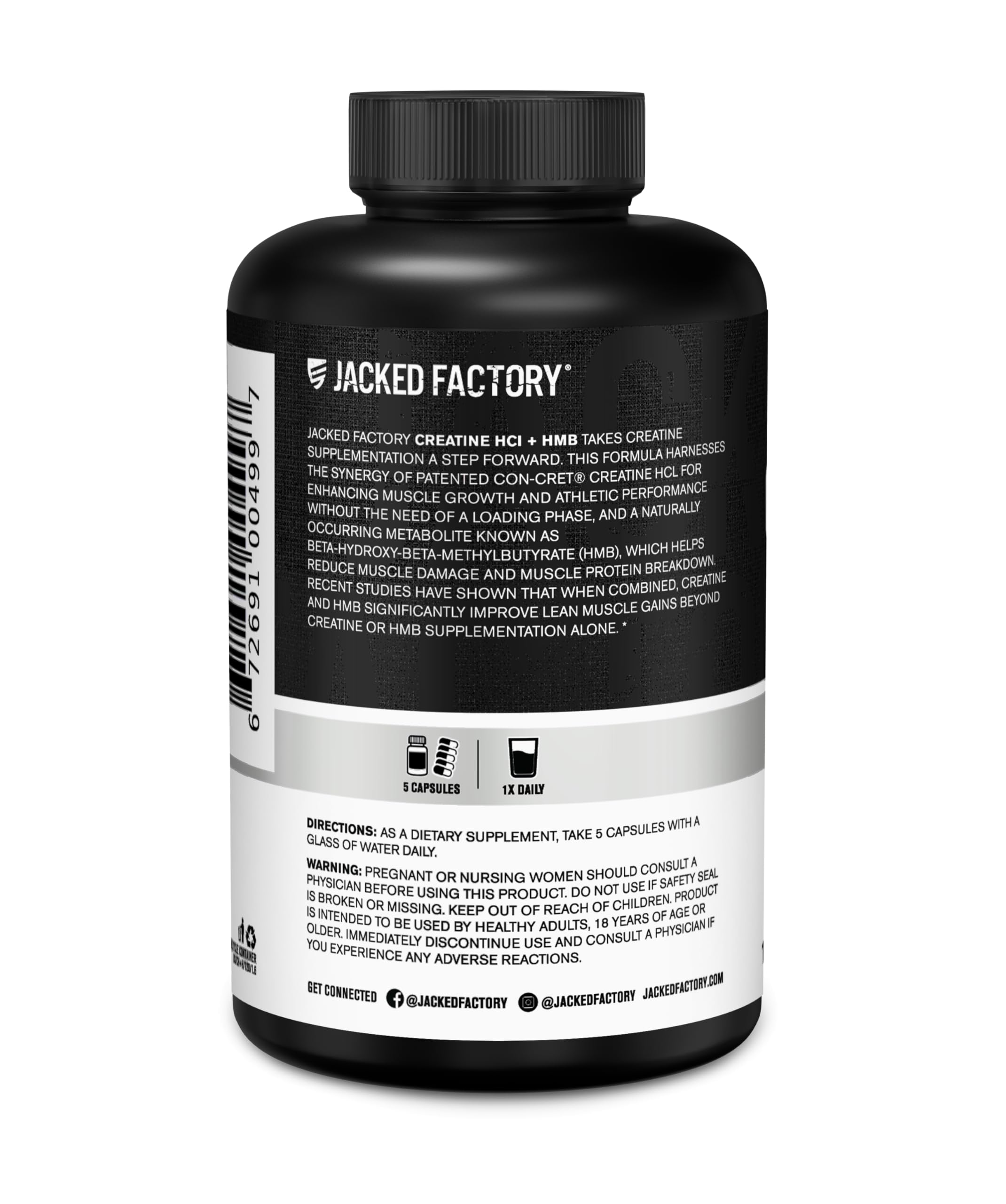 Jacked Factory Creatine HCL + HMB Capsules - Synergistic CON-CRET, myHMB, & Vitamin D Formula for Growth, Strength, & Reduced Muscle Breakdown - 150 Capsules