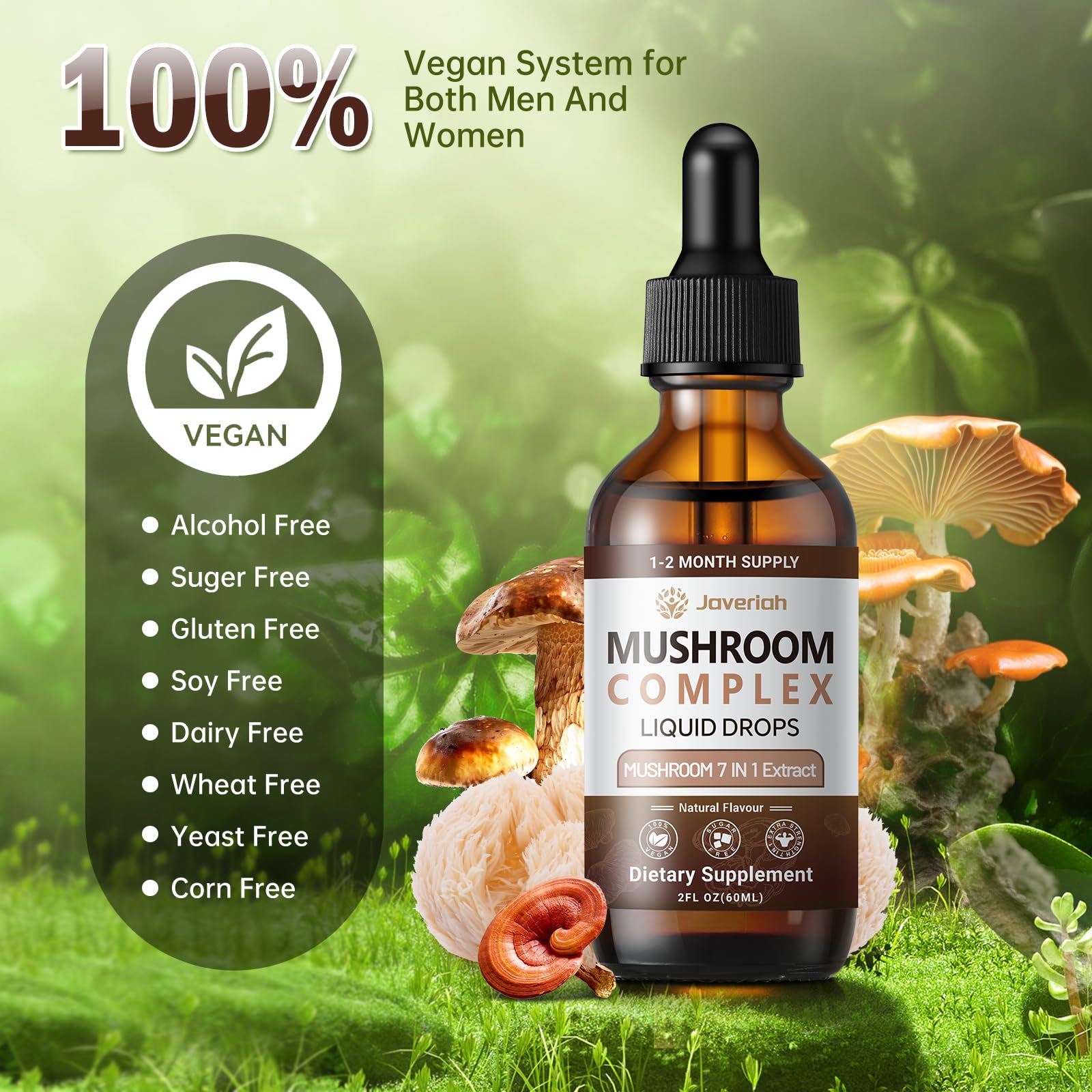 Javeriah 7-in-1 Mushroom Complex Drops – Lion's Mane & 7 Mushrooms, 2 fl oz