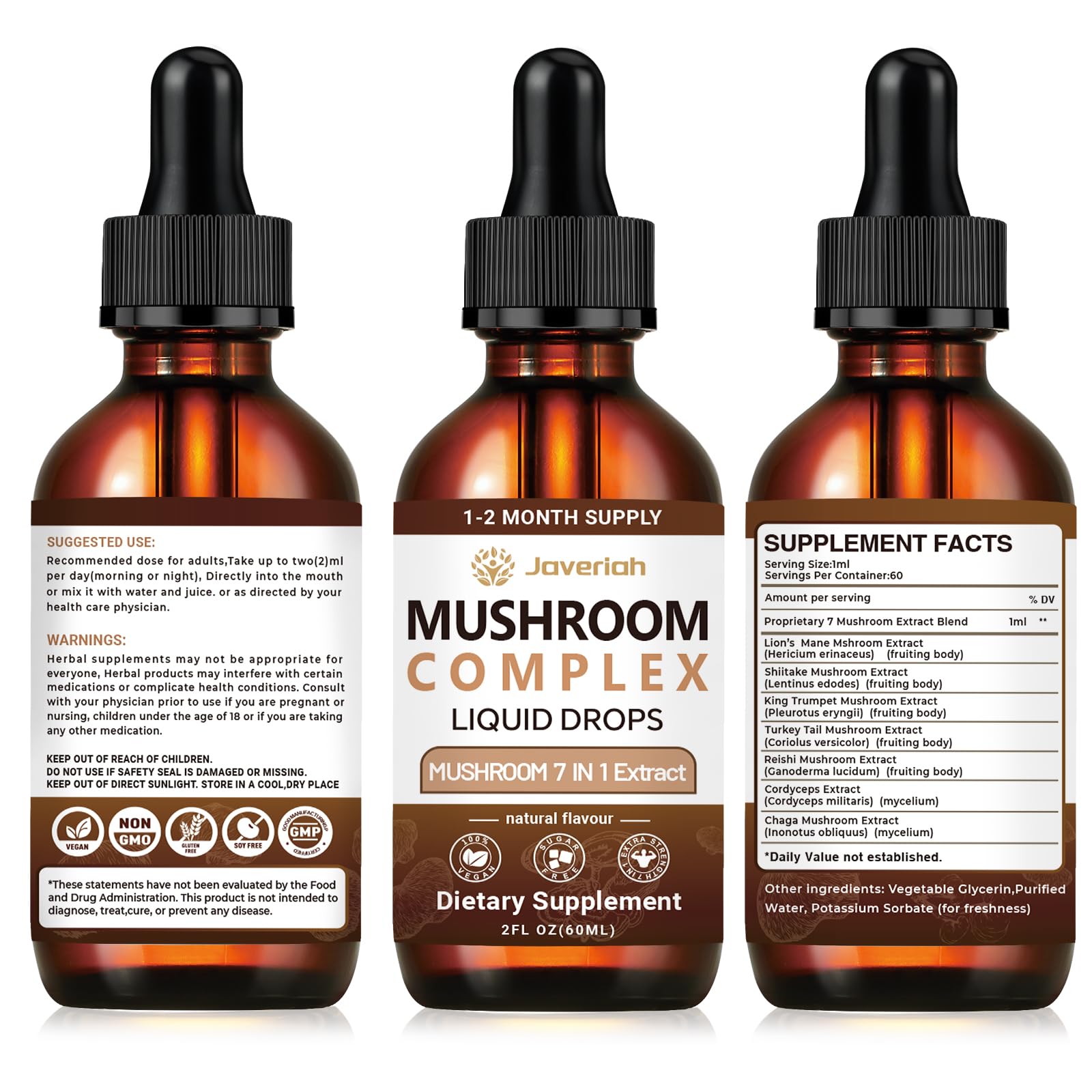 Javeriah Mushroom Complex Liquid Drops 7-in-1 | Lion's Mane, Reishi, Turkey Tail, Shiitake, Cordyceps, Chaga, King Trumpet 4 fl oz (2 Pack)