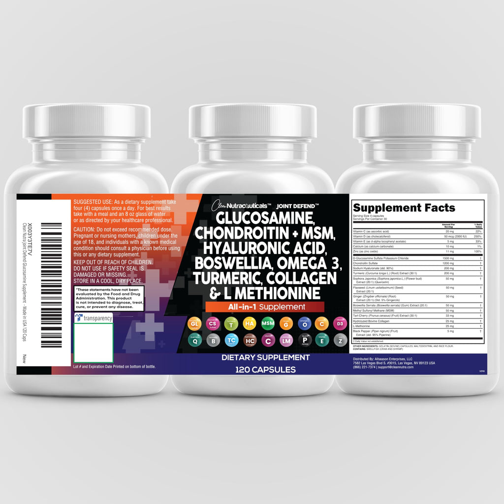 Clean Nutraceuticals Joint Defend – 15-in-1 Joint Health Capsule (Glucosamine 1500mg, Turmeric Curcumin, MSM, Collagen, Hyaluronic Acid, Omega-3) Pack of 2