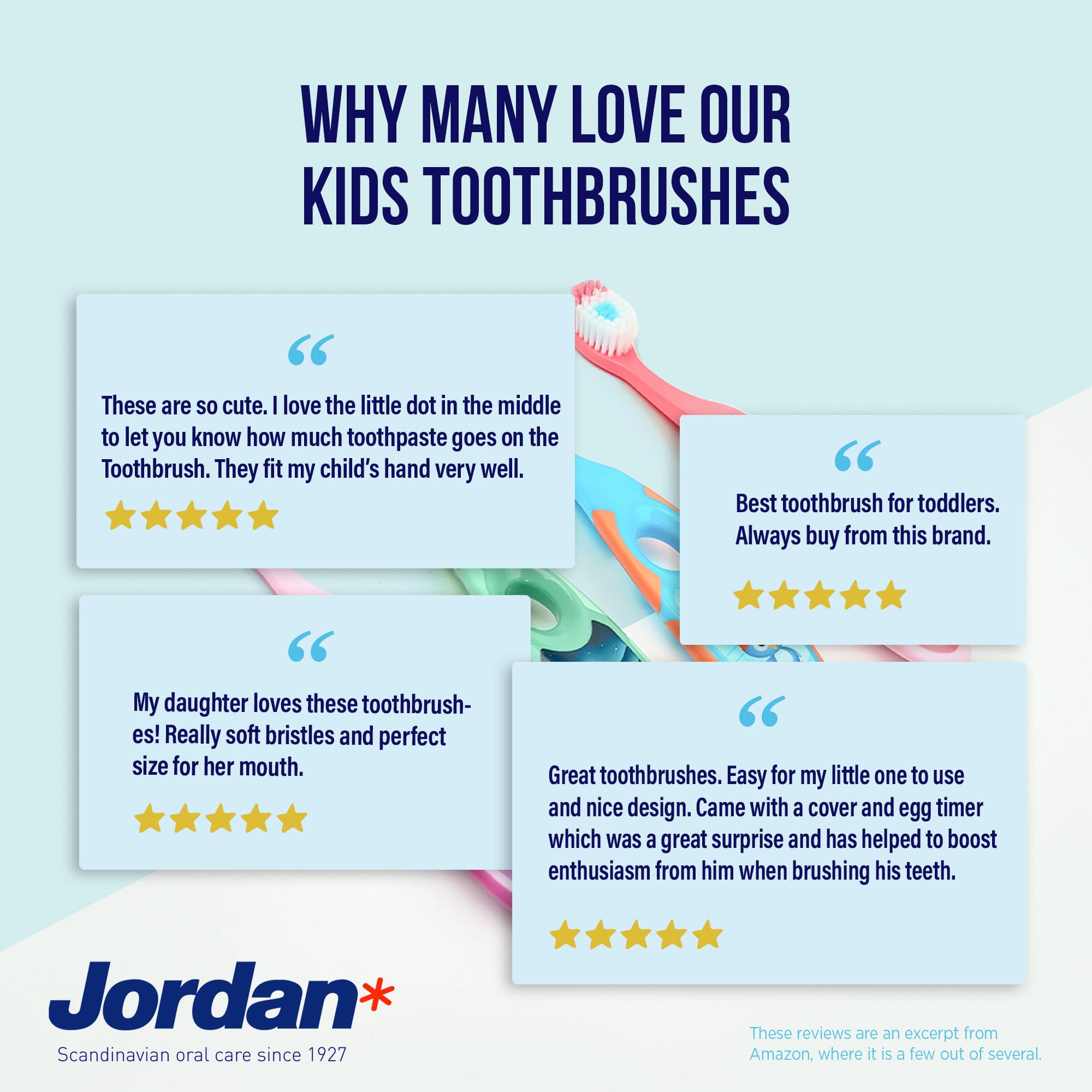 Jordan* | Step 2 Kids Toothbrush | 3-5 Years, Soft Bristles, BPA Free,4 Pack | Blue & Green